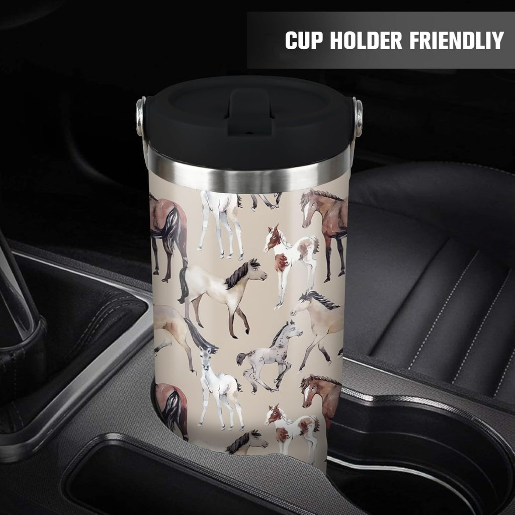 30 oz Horse Tumbler With Handle and Straw, 30oz Horse Flip Straw Tumbler Insulated Coffee Travel Mugs Cup Water Bottle Horse Gifts for Horse Lovers Women Girls