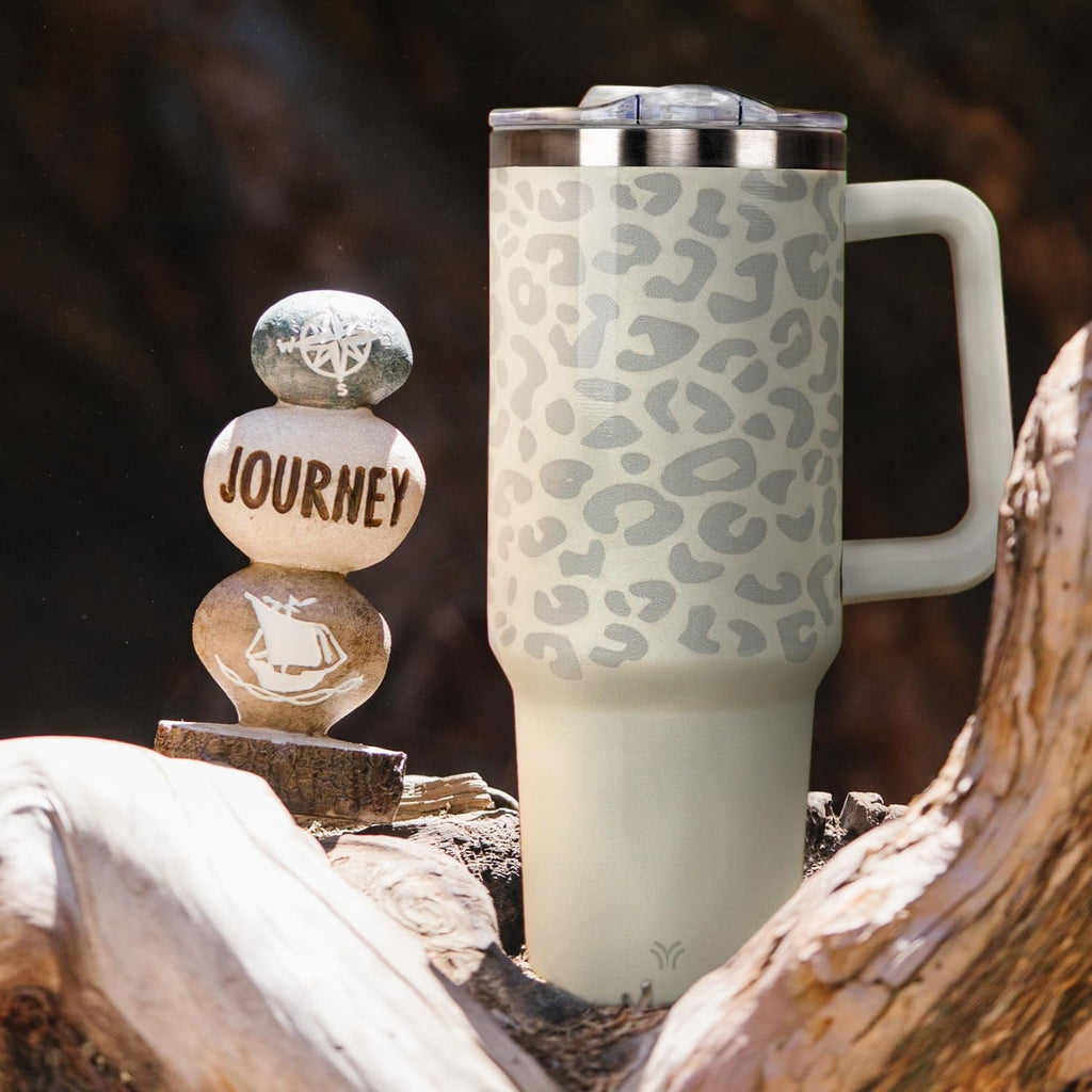 40oz Tumbler with Handle and Straw Lid | Vacuum Insulated Leak Proof Tumbler | Stainless Steel Travel Mug Water Bottle Cup Keeps Cold & Hot | Cream Leopard