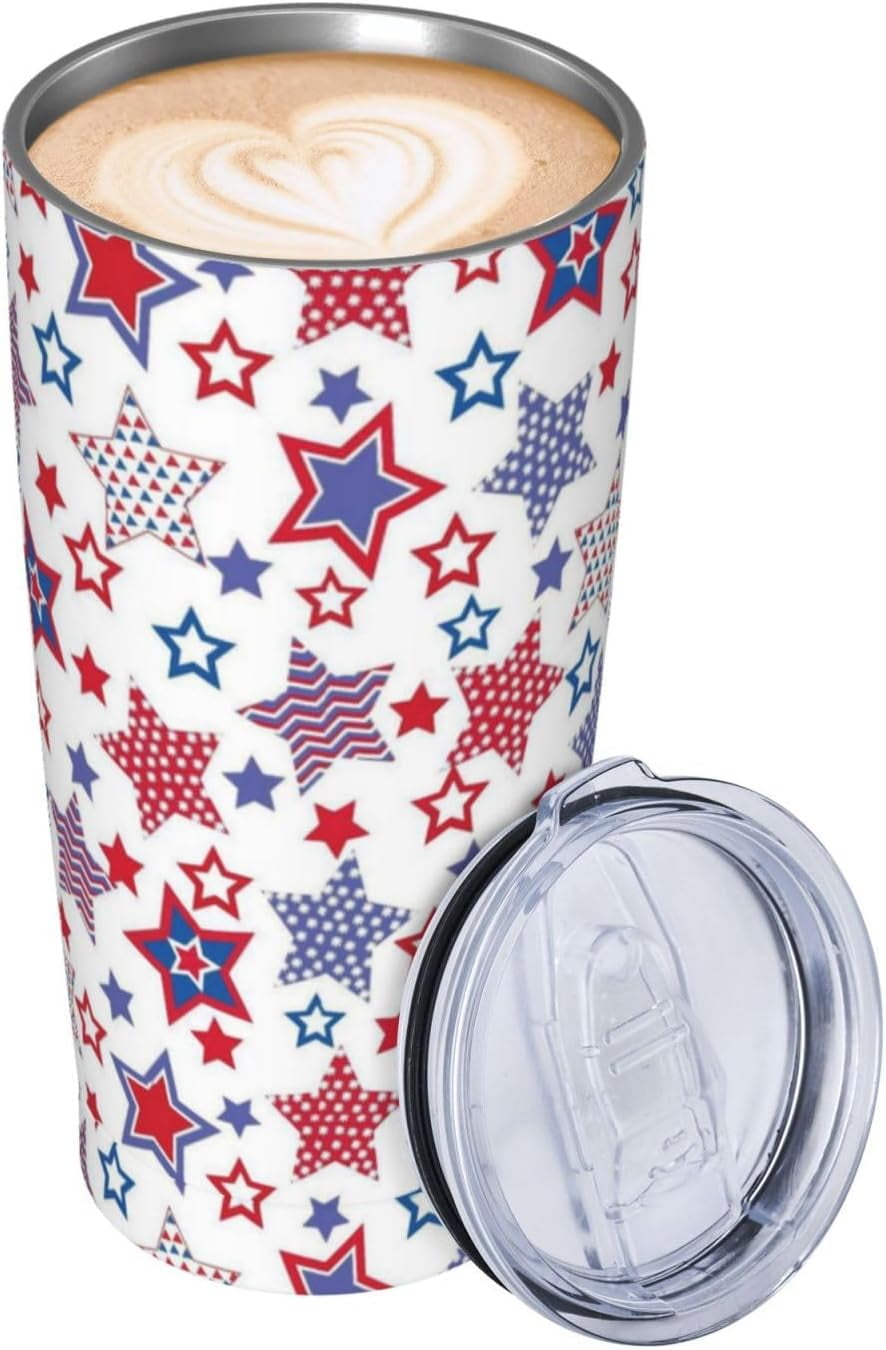 American Flag Star Tumbler with Lid and Straw Stars 20oz Insulated Stainless Steel Cup Red Blue Travel Coffee Mug Water Bottle for Women Gift for Birthday Christmas
