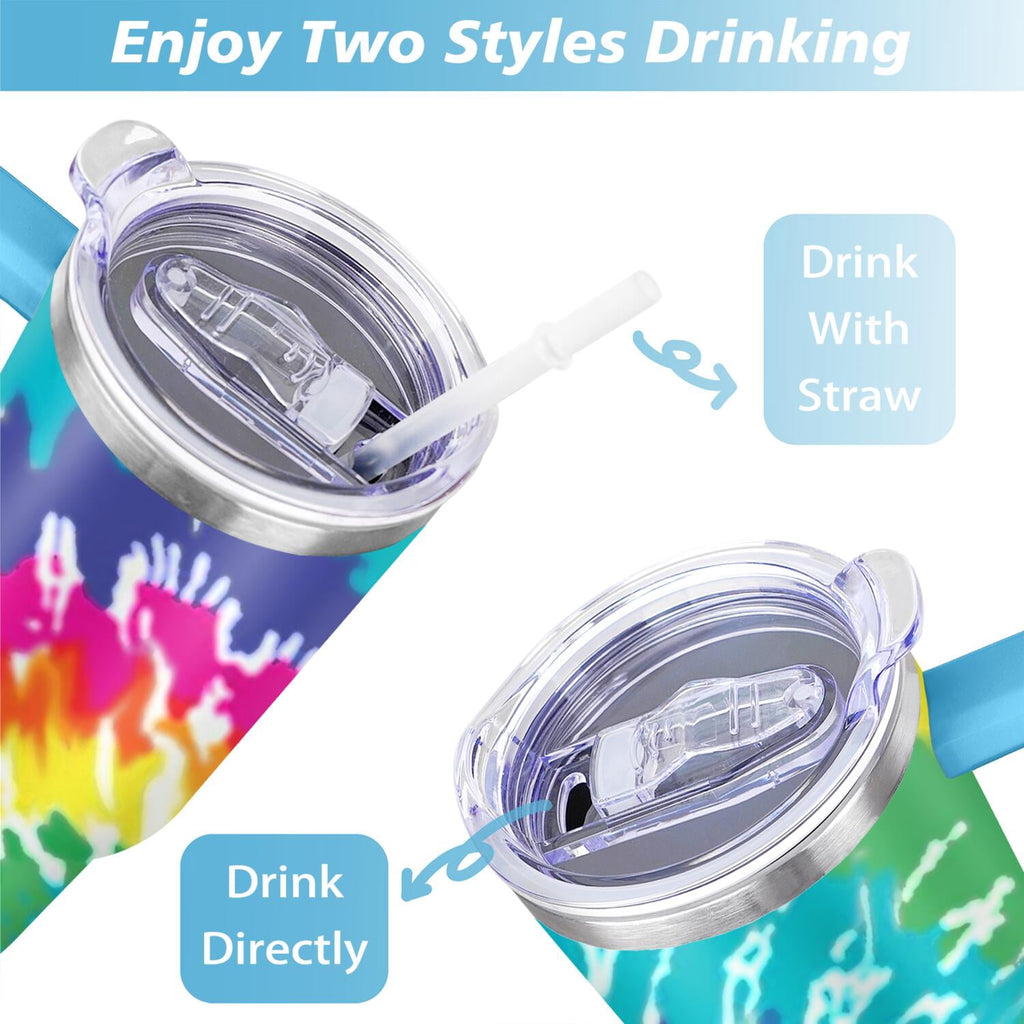 40oz Boho Tie Dye Stainless Steel Flip Straw Tumbler Spill Proof Travel Cup Double Wall Vacuum Insulated Coffee Mug with Top Handle
