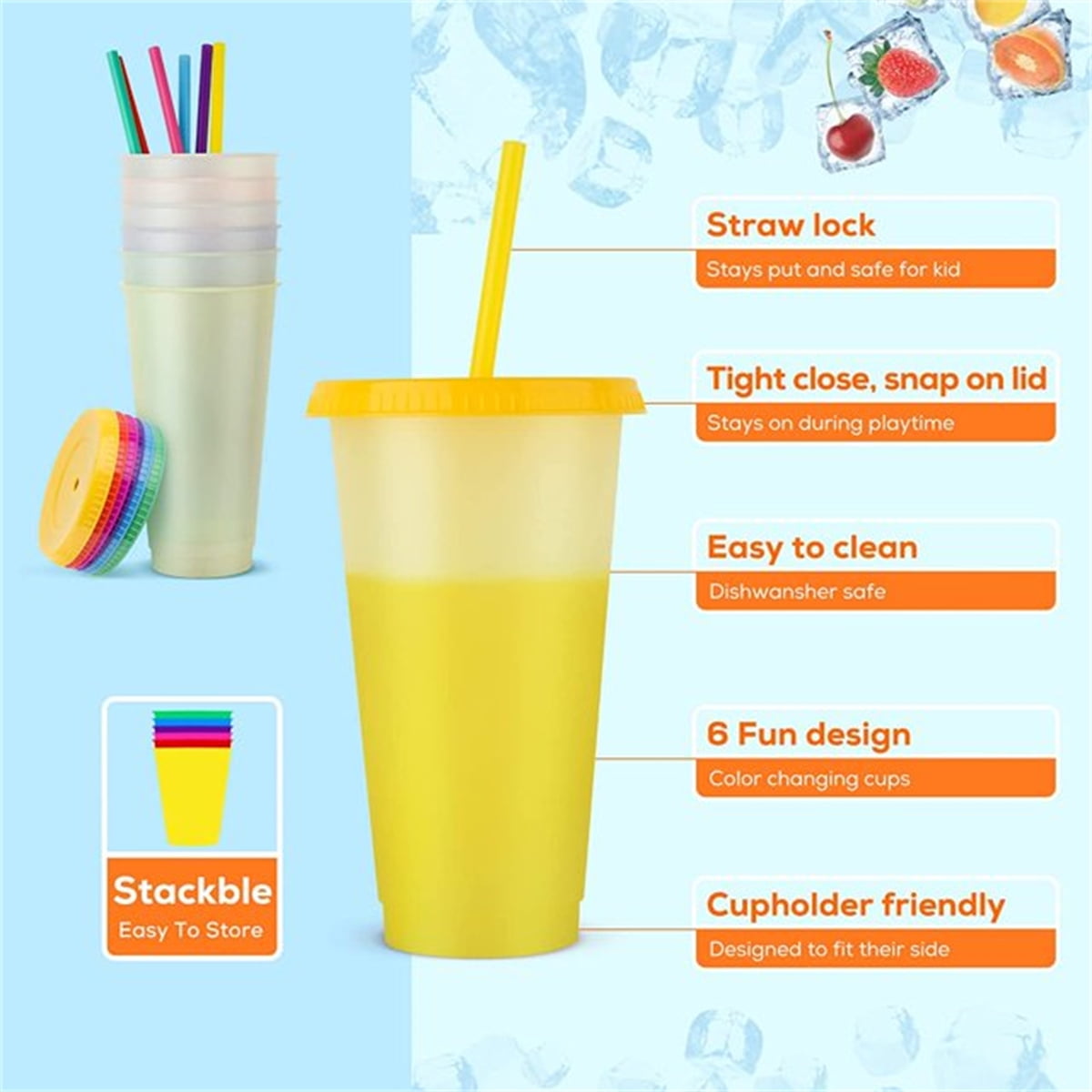 Reusable Plastic Tumblers with Lids & Straw 7Pcs 24 oz Color Changing Cups for Adults Kids Women, Iced Cold Straw Drinking Tumbler Kids Party Cups