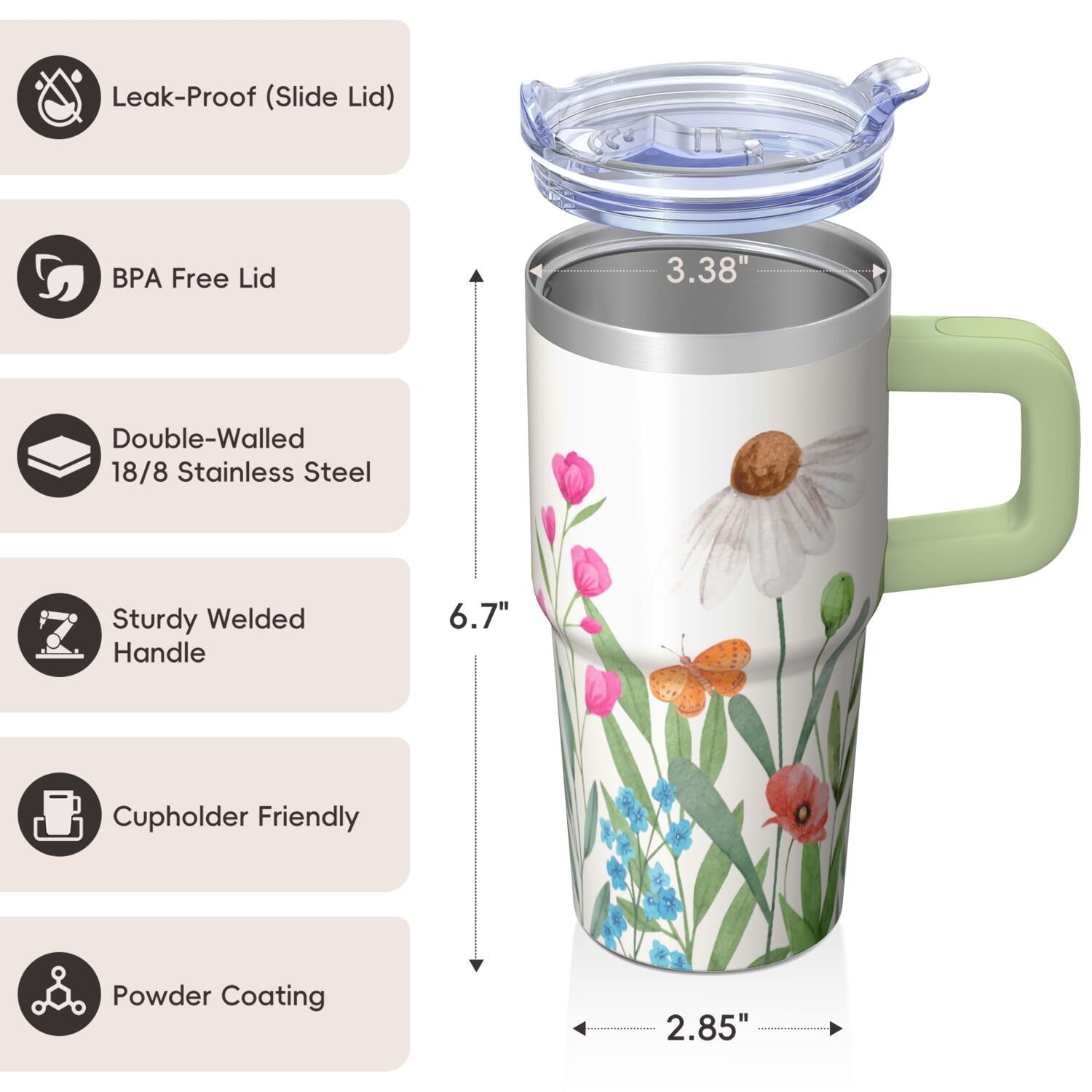 20oz Double Wall Coffee Travel Mug with Handle and Straw, Vintage Floral Chinoiserie Tumbler, Spring Design Gift