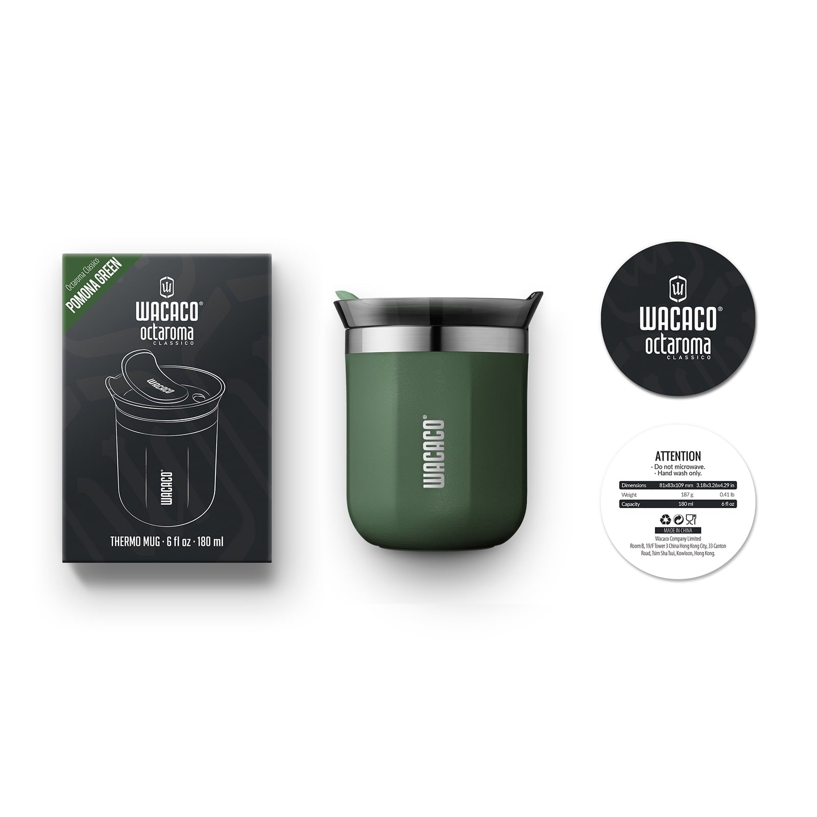 WACACO Octaroma Classico Vacuum Insulated Coffee Mug, Double-wall Stainless Steel Travel Tumbler With Drinking Lid, 6 fl oz (180ml), Pomona Green