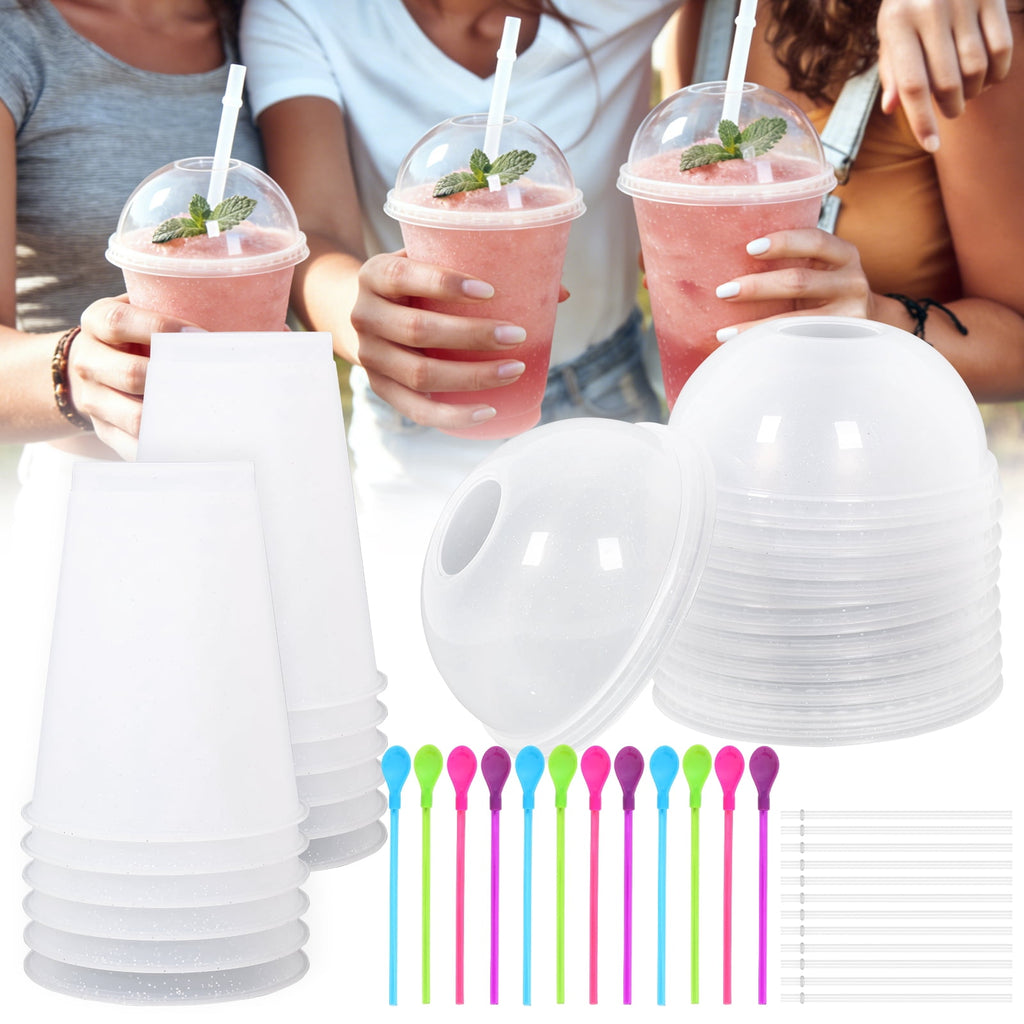 12 Sets Slushy Maker Cup Plastic Cup Slushie Cups with Dome Lids and Straws Reusable 16 oz Plastic Iced Coffee Cups Smoothie Tumbler for Birthdays Summer Party Supplies