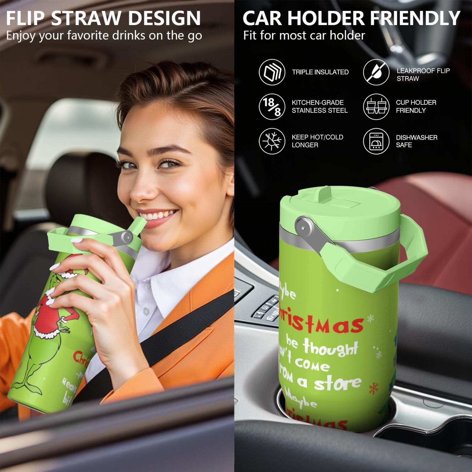 30oz Stainless Steel Tumbler with Lid and Straw,Spill Proof Travel Cup Double Wall Vacuum Insulated Coffee Mug with Top Handle Light-green