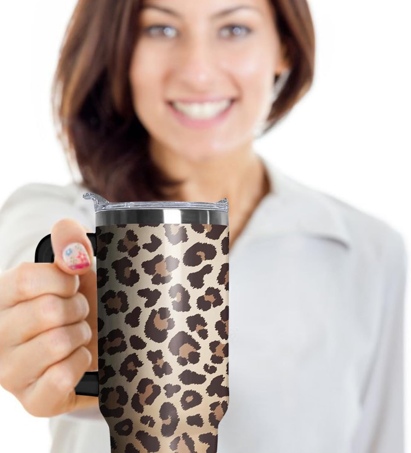 40oz Tumbler with Handle - Leopard Print Stainless Steel Travel Mug, Insulated Water Bottle for Coffee & Drinks - Gift for Women, Cheetah Decor