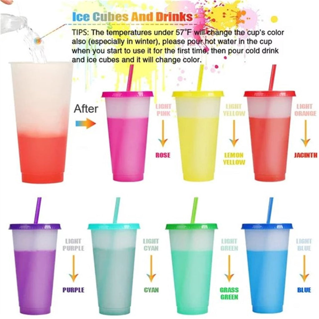 Reusable Plastic Tumblers with Lids & Straw 7Pcs 24 oz Color Changing Cups for Adults Kids Women, Iced Cold Straw Drinking Tumbler Kids Party Cups
