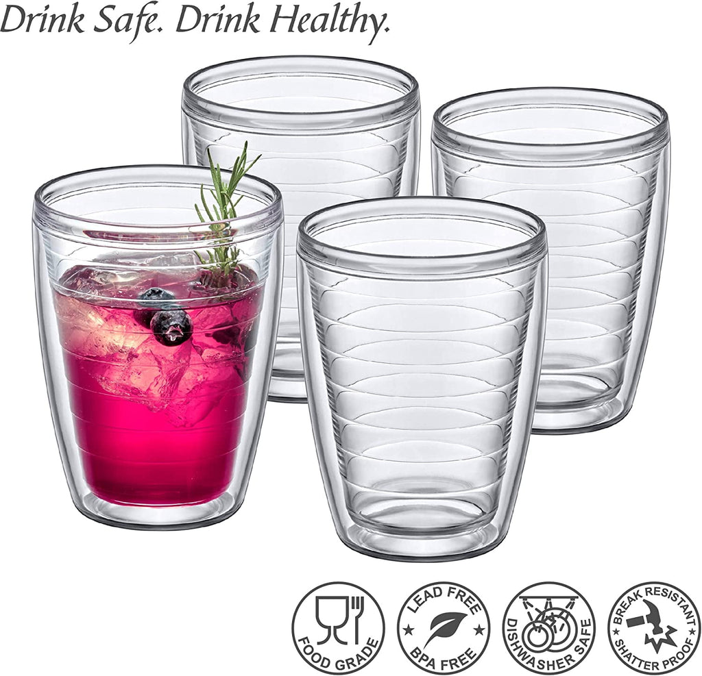 Alaska 16-Ounce Insulated Tumblers (Set of 4) Double-Wall All-Clear Reusable BPA-Free Shatter-Proof Dishwasher-Safe Plastic Drinking Glasses