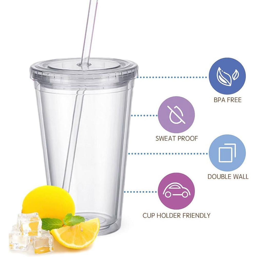 5PCS Double Wall Clear Plastic Tumbler with Lid and Straw, 17oz Reusable Cup for Adults, BPA-Free Cold Drink Glass for Smoothies Iced Coffee, Travel Cup