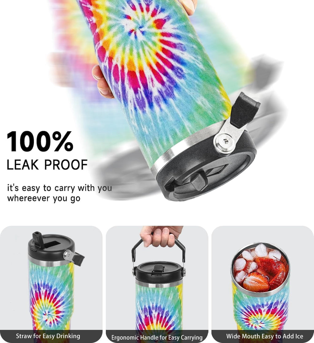 30oz Tie Dye Print Tumbler with Handle Flip Straw Tie Dye Print Coffee Mug with Handle Leak Proof Insulated Tumbler Tie Dye Gifts for Women
