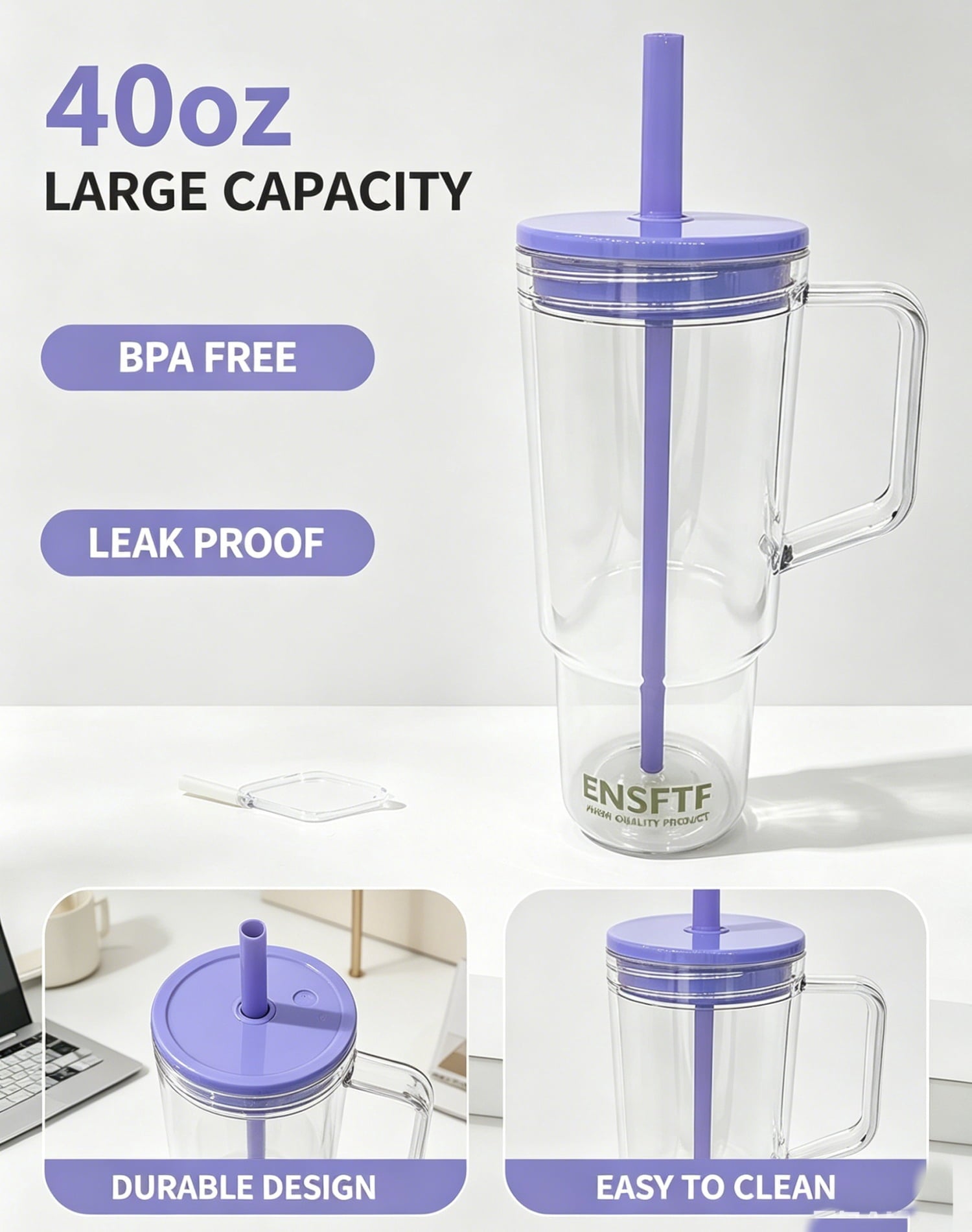 40 oz Insulated Clear Tumbler with Handle, Lid, and Straw — Reusable, Suitable for Hot & Cold Drinks, Double-Walled Plastic Water Bottle | Crystal Clear | Purple
