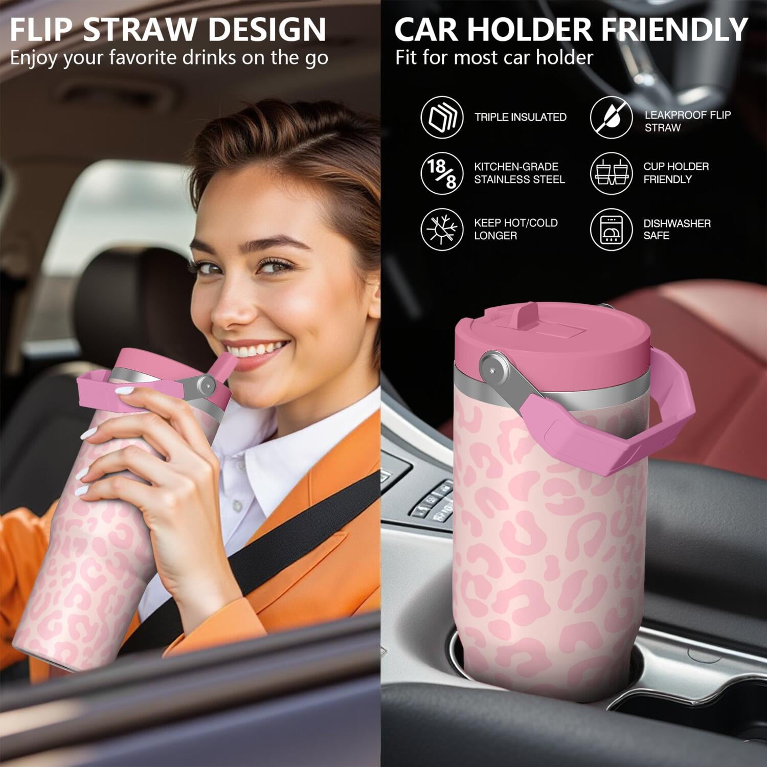 1pc Pink Leopard Print 30oz Tumbler with Straw & Handle - Insulated Stainless Steel Cup | Holiday Gift for Man Women (Christmas, Valentine's, Birthday)