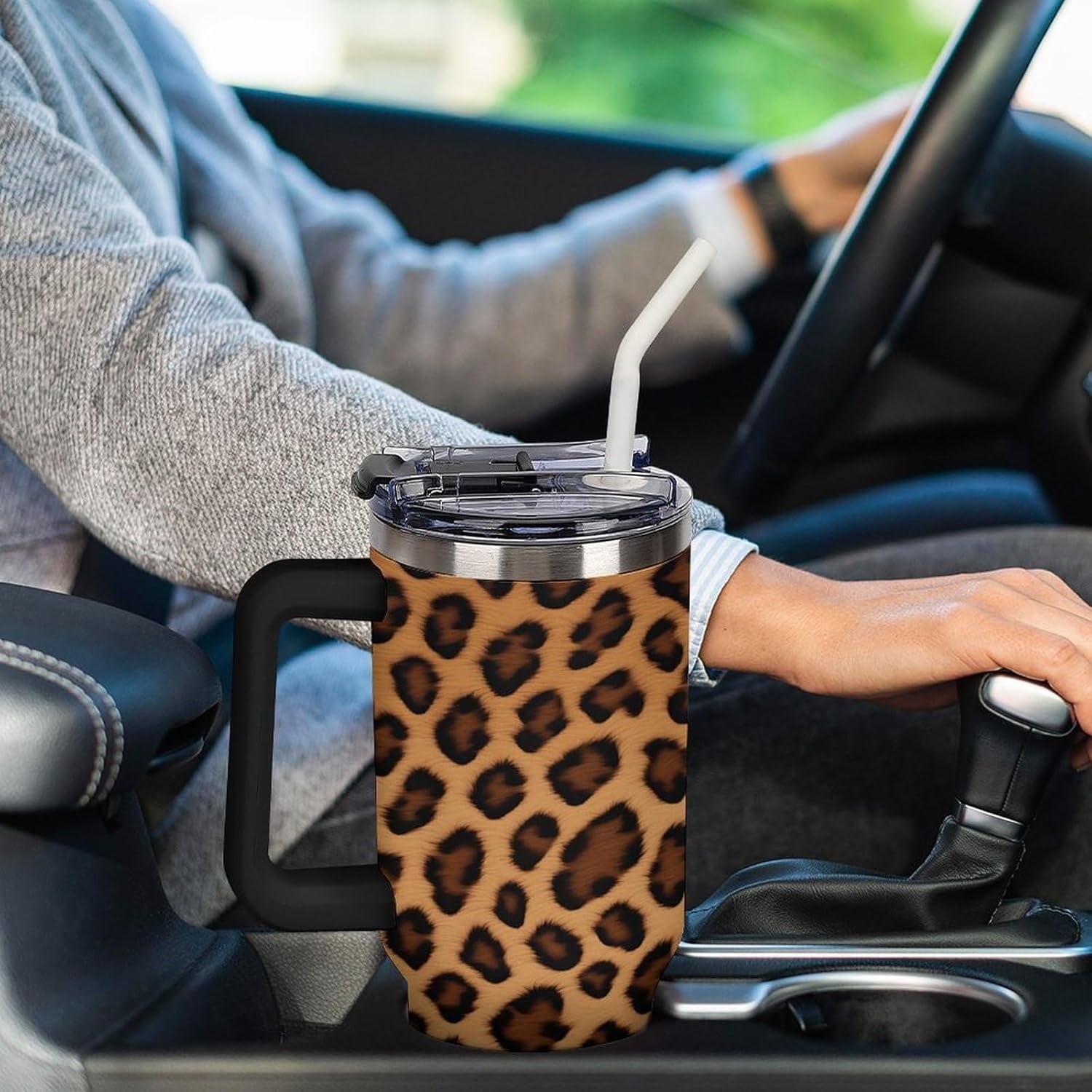 40oz Insulated Stainless Steel Tumbler with Handle, Abstract Brown Leopard Print Leakproof Water Bottles Travel Mug with Lid And Straw for Water, Iced Tea Or Coffee for Most Car Cup Holder