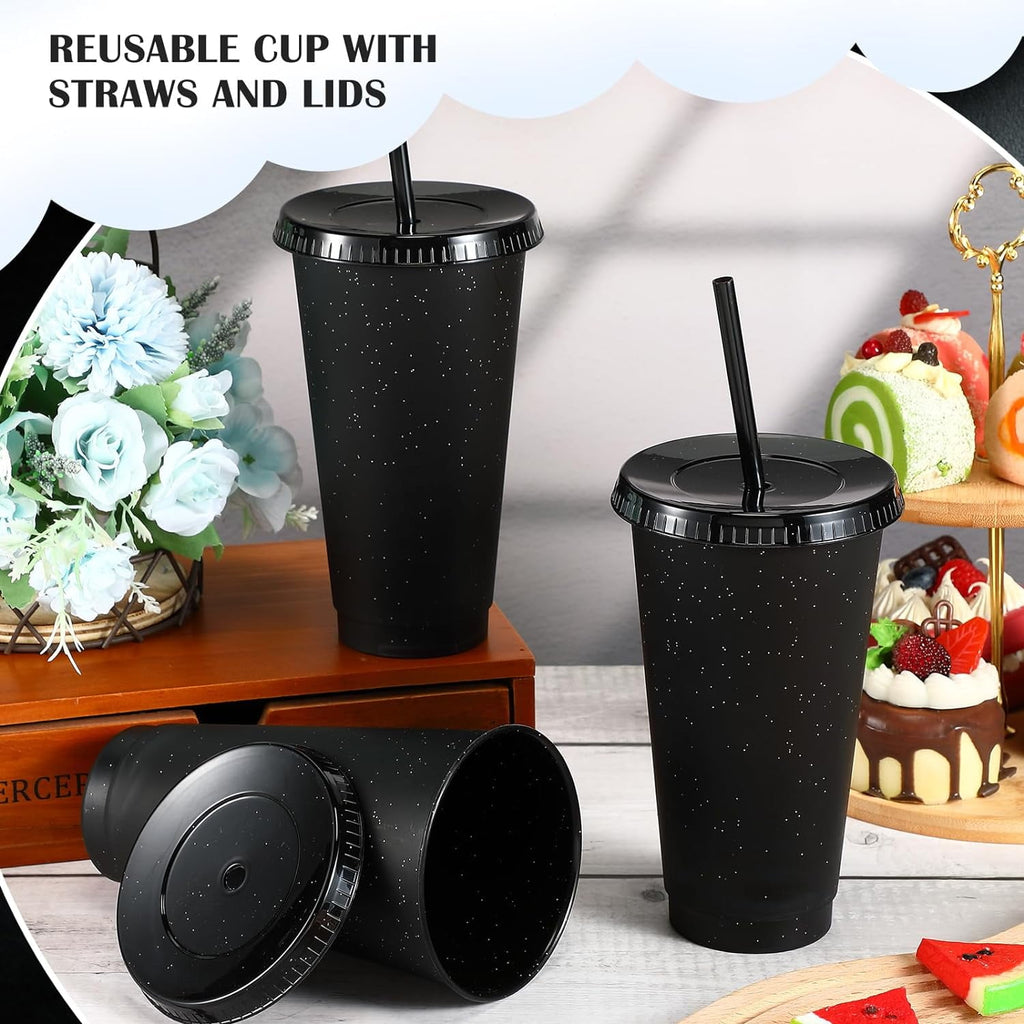 Reusable Plastic Tumblers with Lids & Straws - 6 Pcs 24oz Large Glitter Tumbler Cups for Adults Kids Women Party | Tall Iced Cold Straw Drinking Cute Tumbler Cup Bulk(Black)