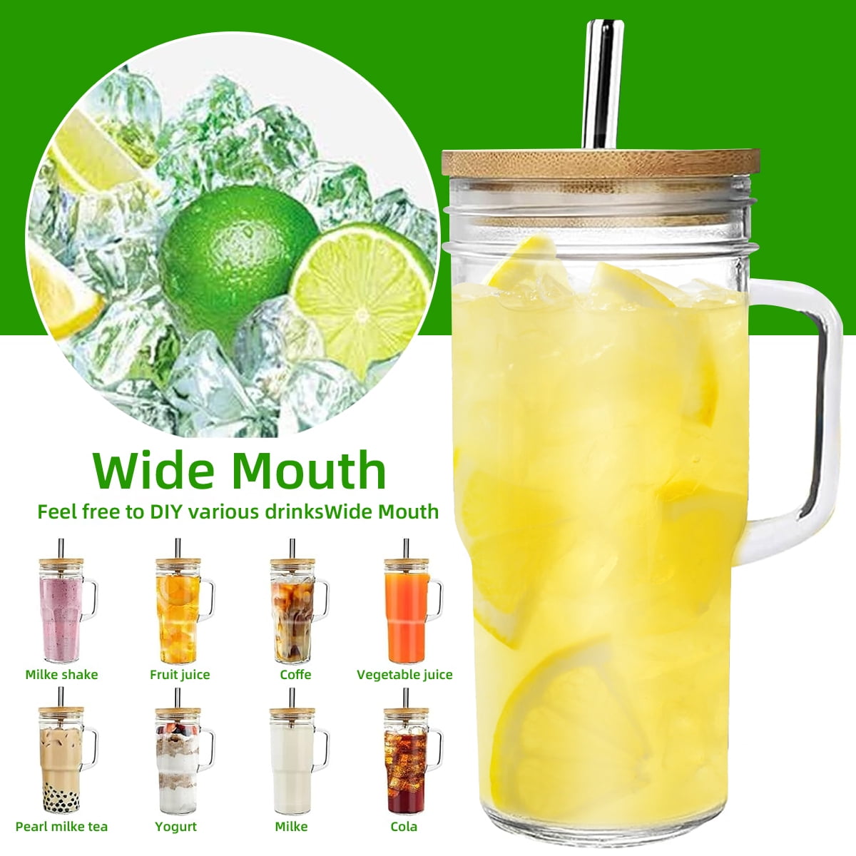 GPED 4 Pack Glass Tumbler with Handle, 25 oz Glass Cups with Bamboo Lids and Straws, Mason Jar with Wide Mouth Reusable Drinking Glasses for Iced Coffee Smoothie Matcha Cocktail Whiskey Milk