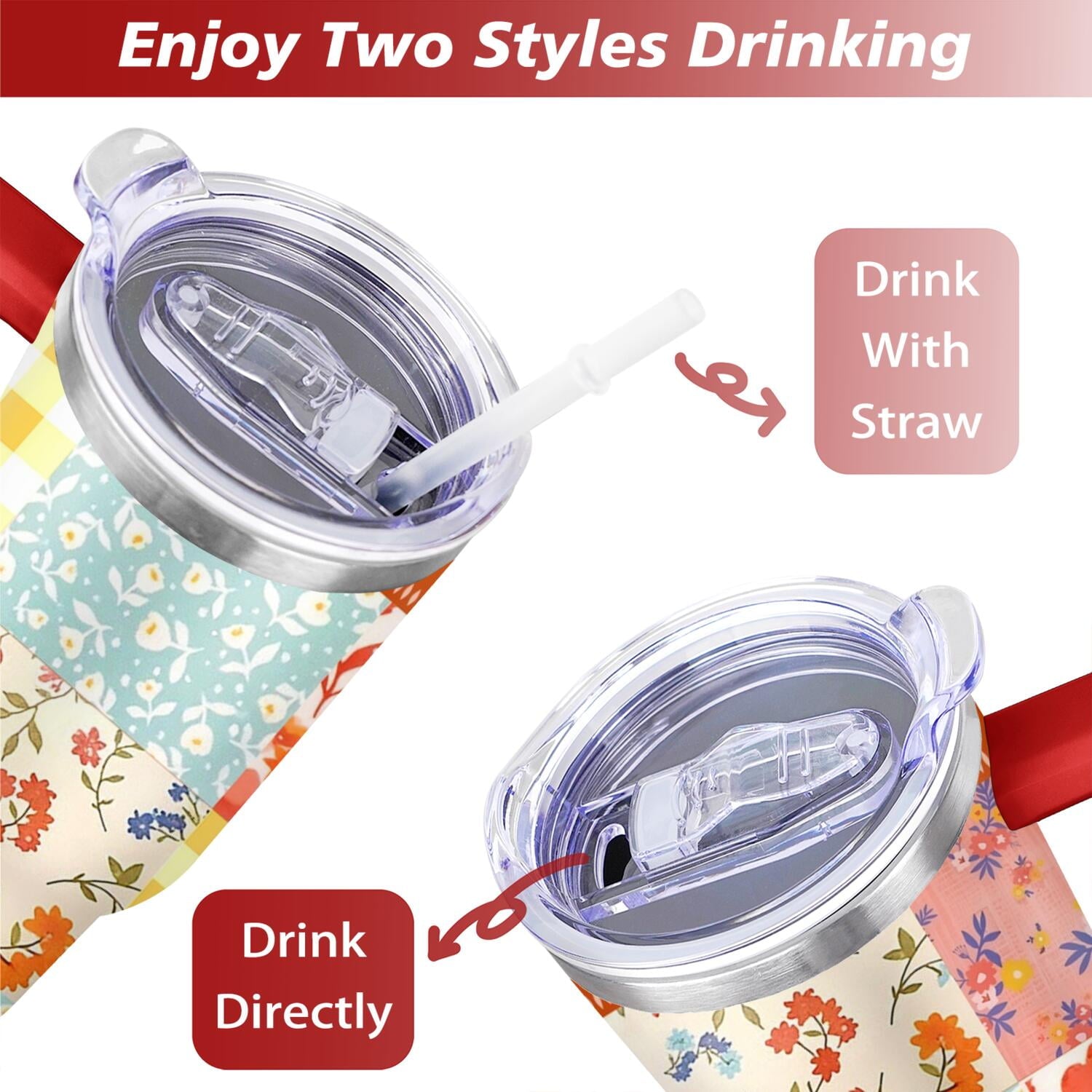 40oz Pioneer Colorful Floral Stainless Steel Flip Straw Tumbler with Lid and Straw Spill Proof Travel Cup Double Wall Vacuum Insulated Coffee Mug with Handle Red