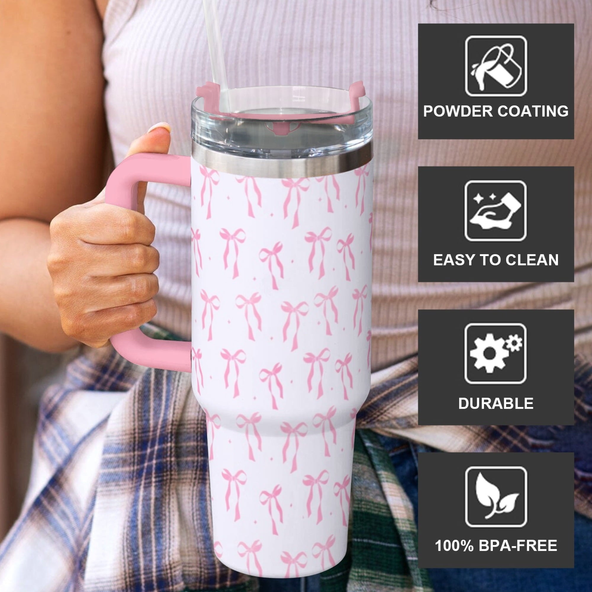 40oz Elegant Pink Bow Tumbler - Insulated Travel Mug with Handle, Reusable Straw & Leak-Proof Lid|Women's Gift for Birthday, Mother's Day, Valentine's & Holidays