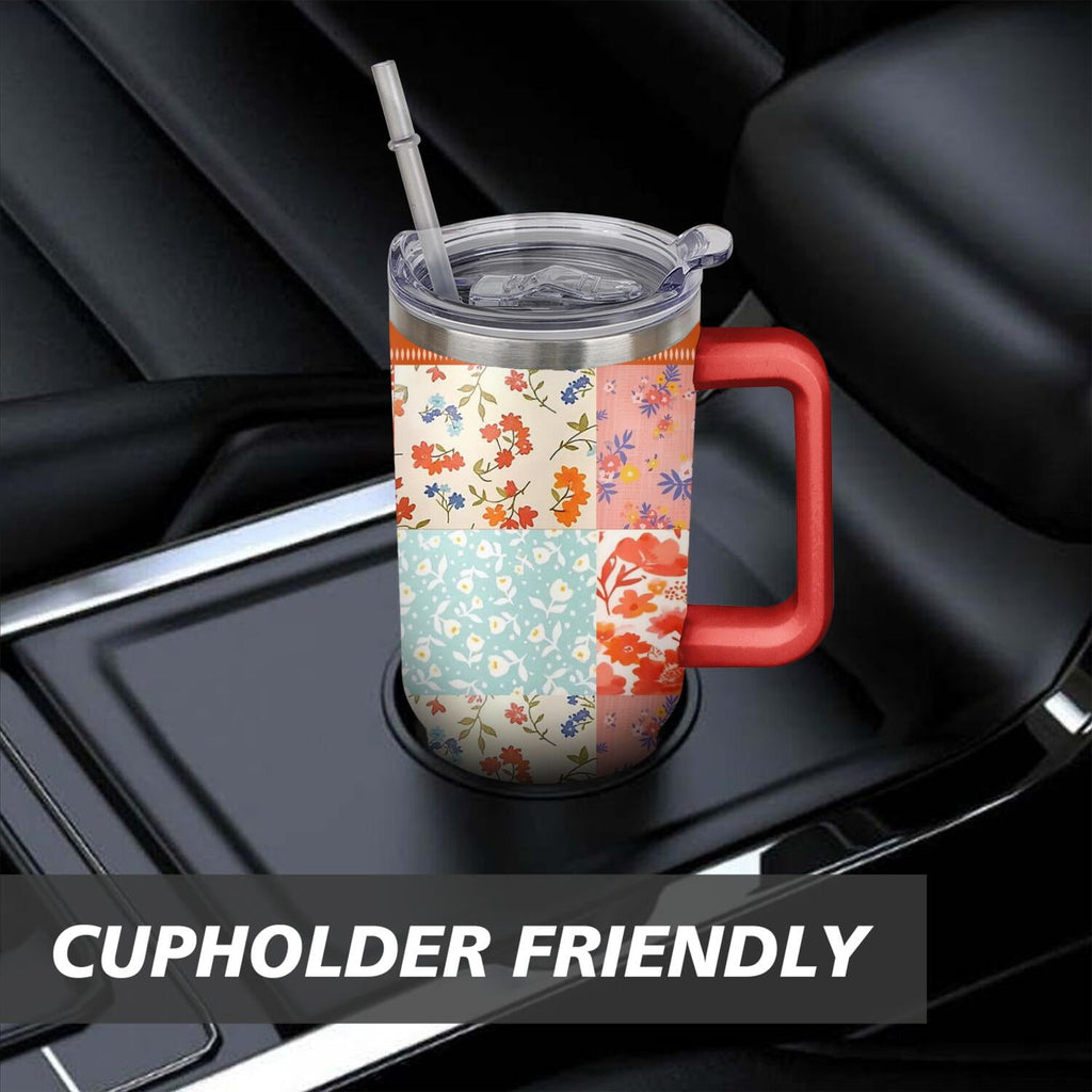 40oz Pioneer Colorful Floral Stainless Steel Flip Straw Tumbler with Lid and Straw Spill Proof Travel Cup Double Wall Vacuum Insulated Coffee Mug with Handle Red