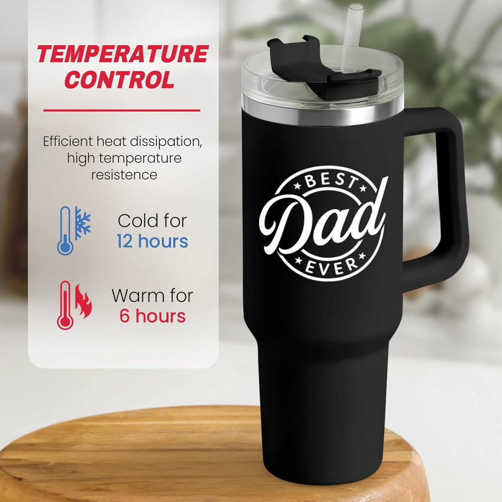 Best Dad Ever Tumbler with Handle 40oz Stainless Steel Insulated - Dad Gifts for Dad from Daughter Son - Coffee Tumbler for Dad Father''s Day Birthday Christmas Cup Gift Set with Lid & Straw