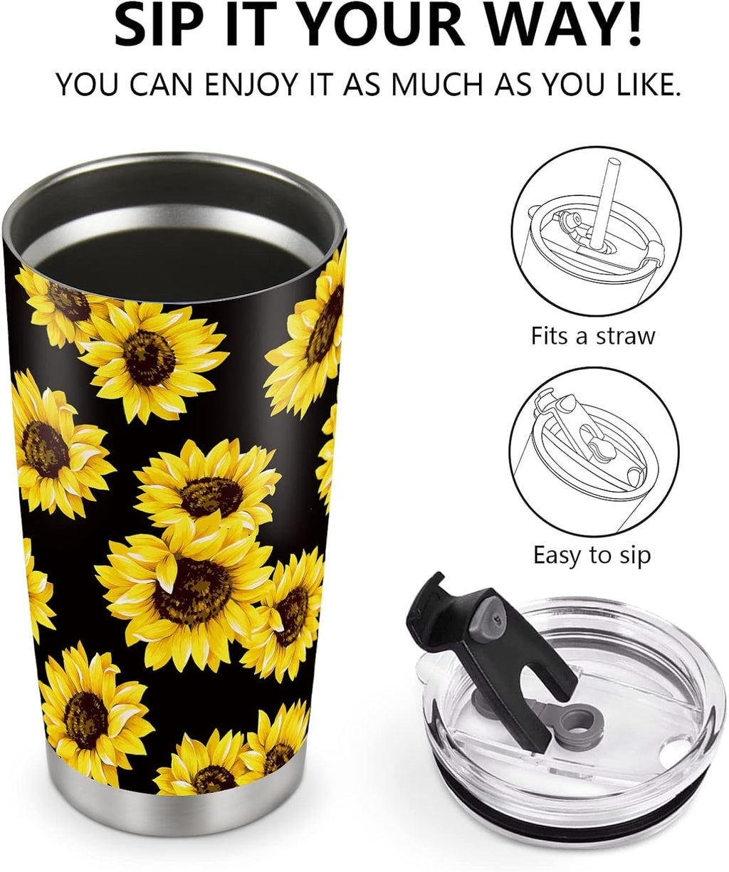Sunflower Tumbler, Sunflower Gifts for Women, 20oz Stainless Steel Double Wall Vacuum Sunflowers Cup with Lid for Travel Coffee