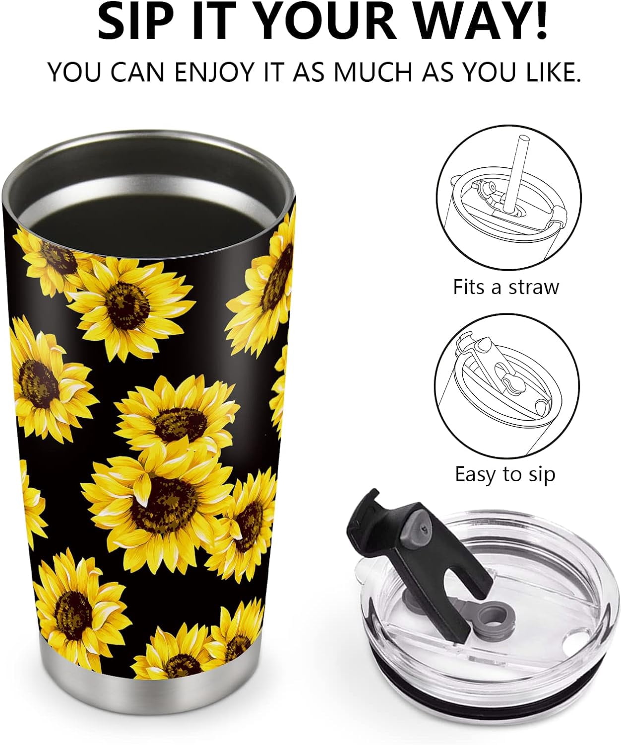 Sunflower Tumbler, Sunflower Gifts for Women, 20oz Stainless Steel Double Wall Vacuum Sunflowers Cup with Lid for Travel Coffee