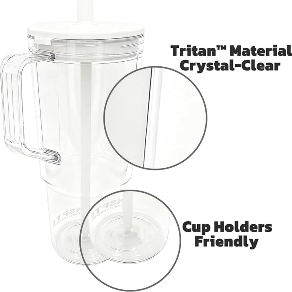 40 oz Insulated Clear Tumbler with Handle, Lid, and Straw | Reusable | Suitable for Hot & Cold Drinks | Double-Walled Plastic Water Bottle | Leak-Proof | BPA-Free | White