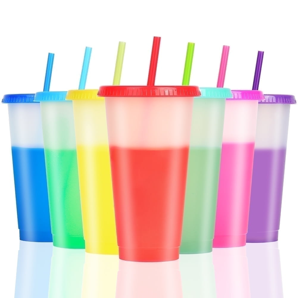 Triani 7 Pack Color Changing Plastic Tumblers- 24 oz Color Changing Cups with Lids and Straws - Reusable Summer Coffee Drinking Tumblers Cups for Kids & Adults, BPA Free