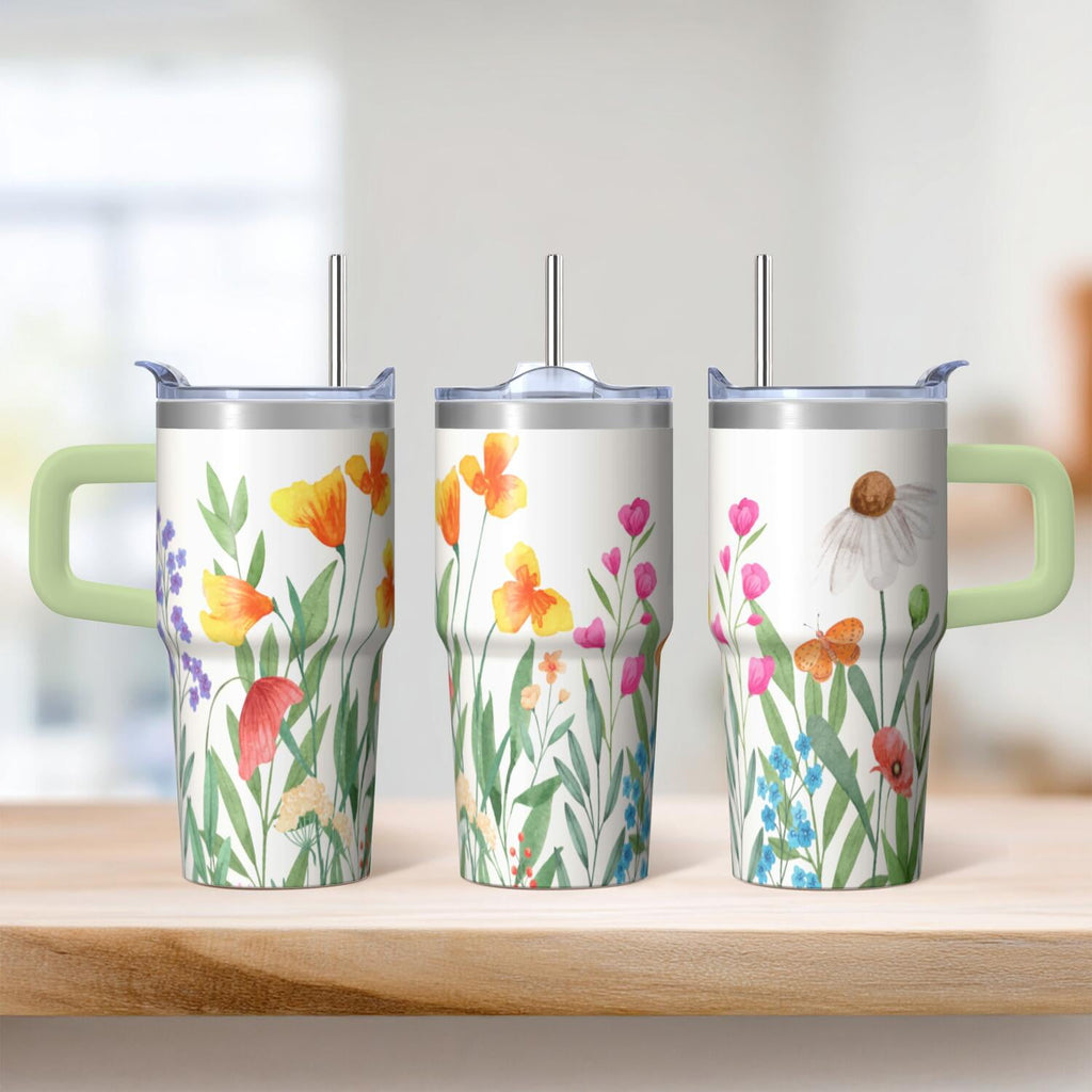 20oz Double Wall Coffee Travel Mug with Handle and Straw, Vintage Floral Chinoiserie Tumbler, Spring Design Gift