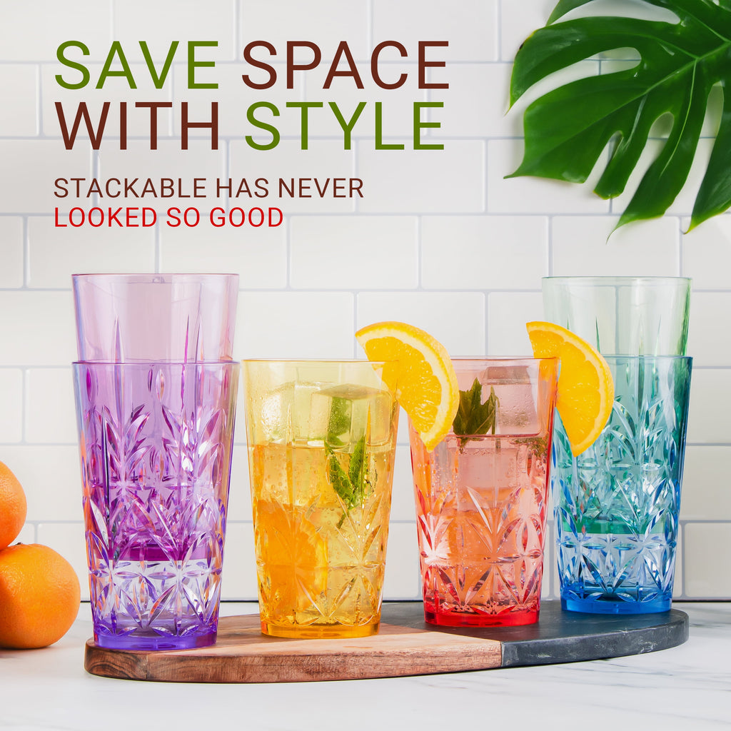 Bravario Royal Plastic Drinking Tumbler, Dishwasher-Safe BPA-Free Water Glasses, Durable Mixed Colors Assorted Stackable Cups, 18 oz Set of 6