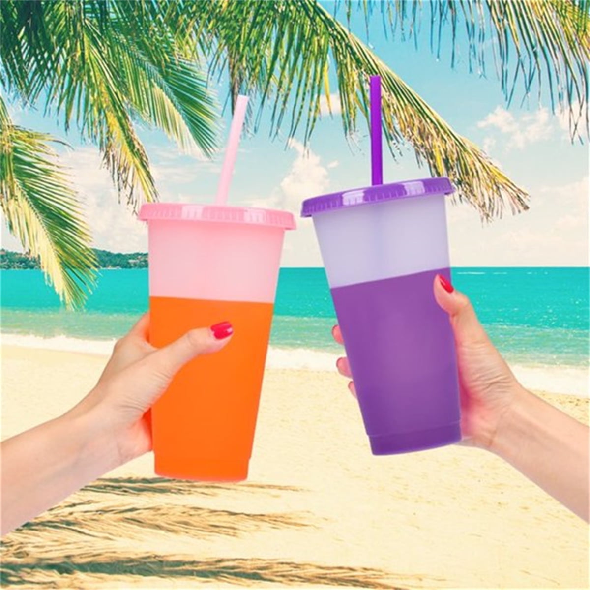 Reusable Plastic Tumblers with Lids & Straw 7Pcs 24 oz Color Changing Cups for Adults Kids Women, Iced Cold Straw Drinking Tumbler Kids Party Cups