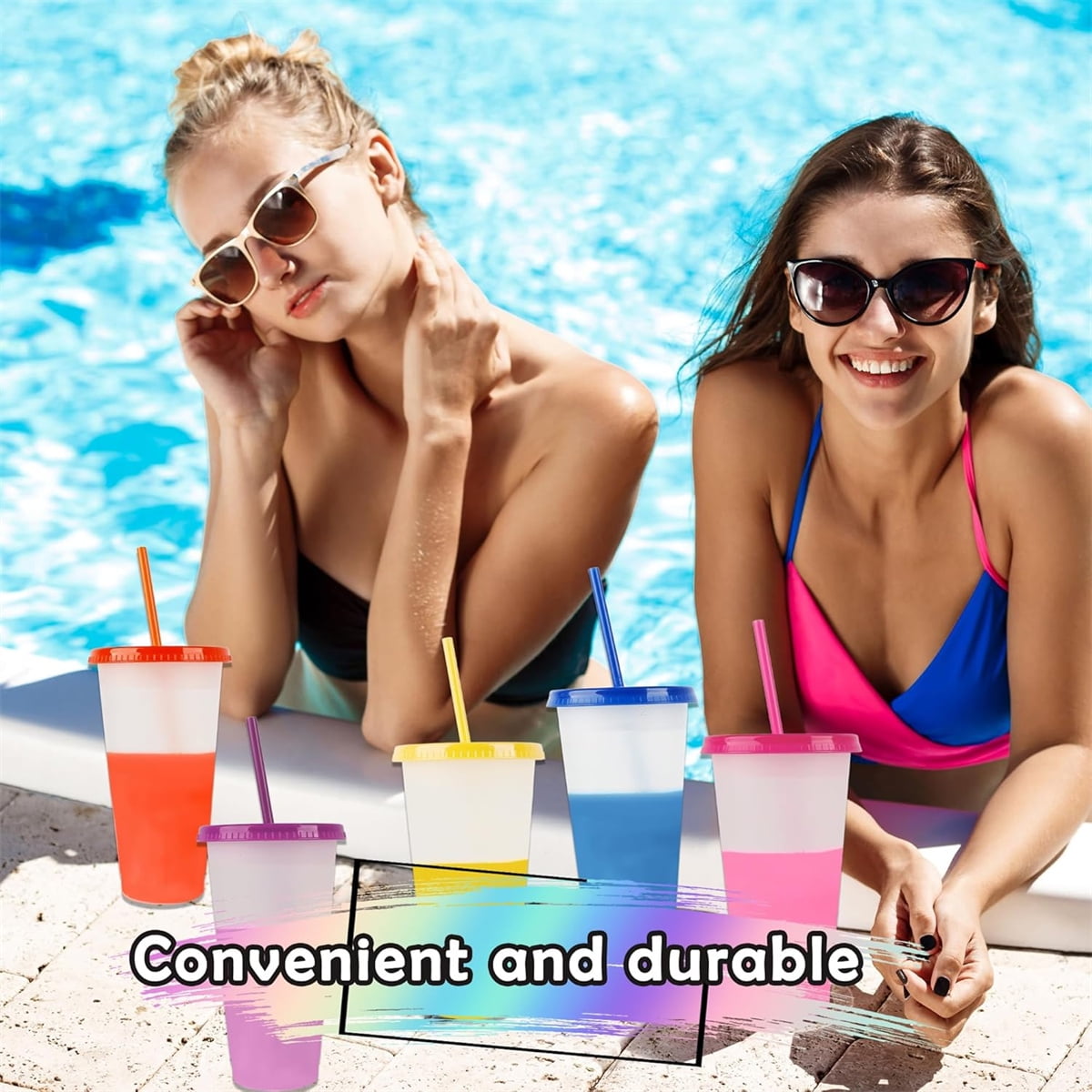 Tutuviw Color Changing Cups 5 Pack 32 oz Leak-proof Water Tumblers with Lids and Straws Plastic Tumblers, Reusable Iced Coffee & Smoothie Cups for Adults Women Parties and Travel