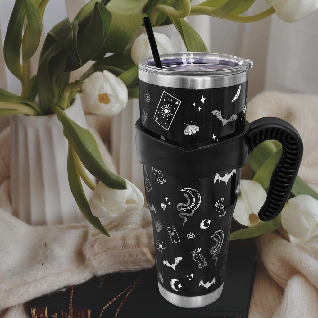 Gothic 40 Oz Tumbler with Handle and Straw,Halloween Gifts,Goth Black Large Stainless Steel Vacuum Insulated Tumbler Travel Iced Coffee Mug Cup Water Bottle, Witchy Goth Gifts Decor Accessories Stuff