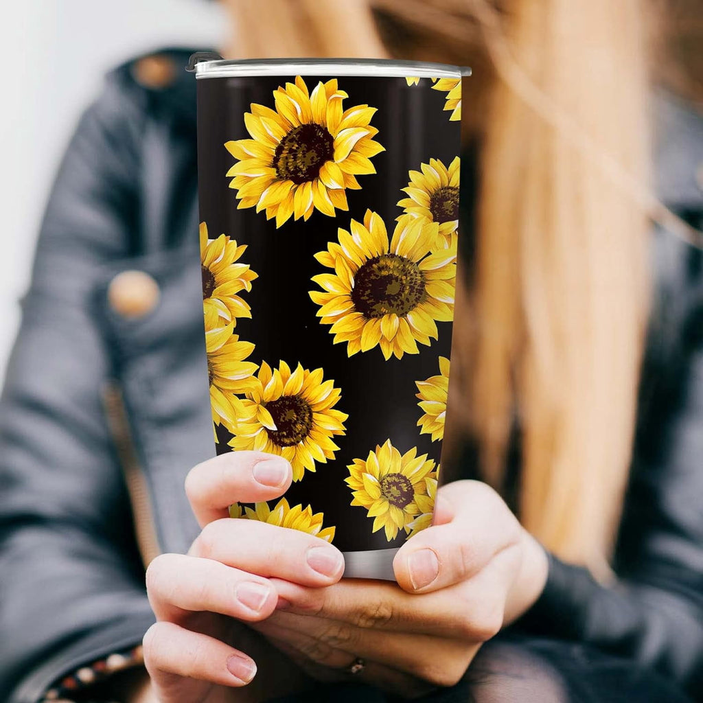 Sunflower Tumbler, Sunflower Gifts for Women, 20oz Stainless Steel Double Wall Vacuum Sunflowers Cup with Lid for Travel Coffee