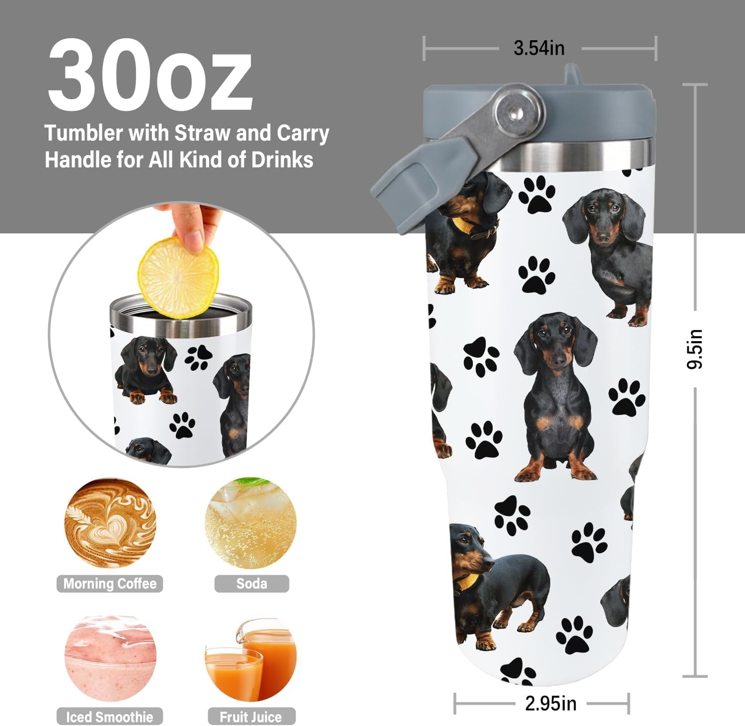 Dachshund Dog Tumbler with Lid and Straw 30 Oz Weenie Dog Tumbler Insulated Weiner Dog Water Bottle Cup with Handle Weiner Dog Gifts for Women Men