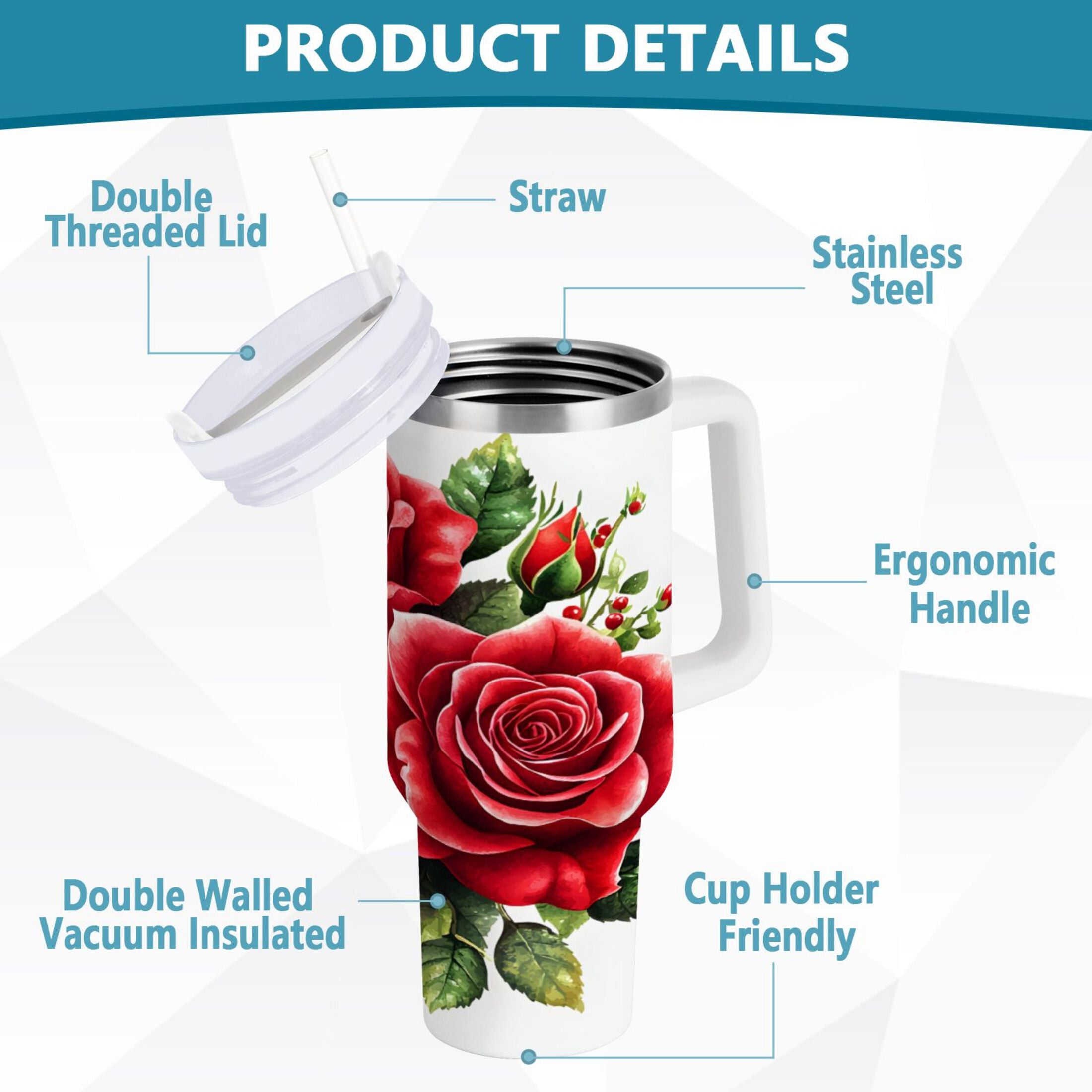Ryvnso 40 oz Tumbler with Handle and Straw Insulated Stainless Steel Travel Mug with Lid Roses Flower