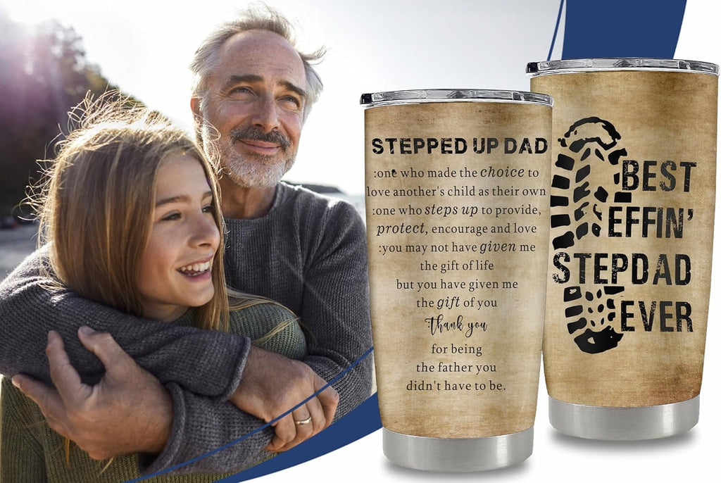Stepdad Gifts from Daughter, Son, Kids, Bonus Dad Birthday Gifts for Stepfather Christmas Ideas, Step Dad 20 Oz Tumbler Stepped Up Dad Cup