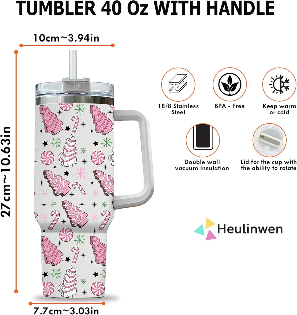 Pink Christmas Tree Cakes Stainless Steel Tumbler 40Oz With Handle Insulated Tumbler Holiday Coffee Travel Mug for Tea, Latte, Hot Chocolate Seasonal Xmas Gifts for Women Men Coworker or Friends