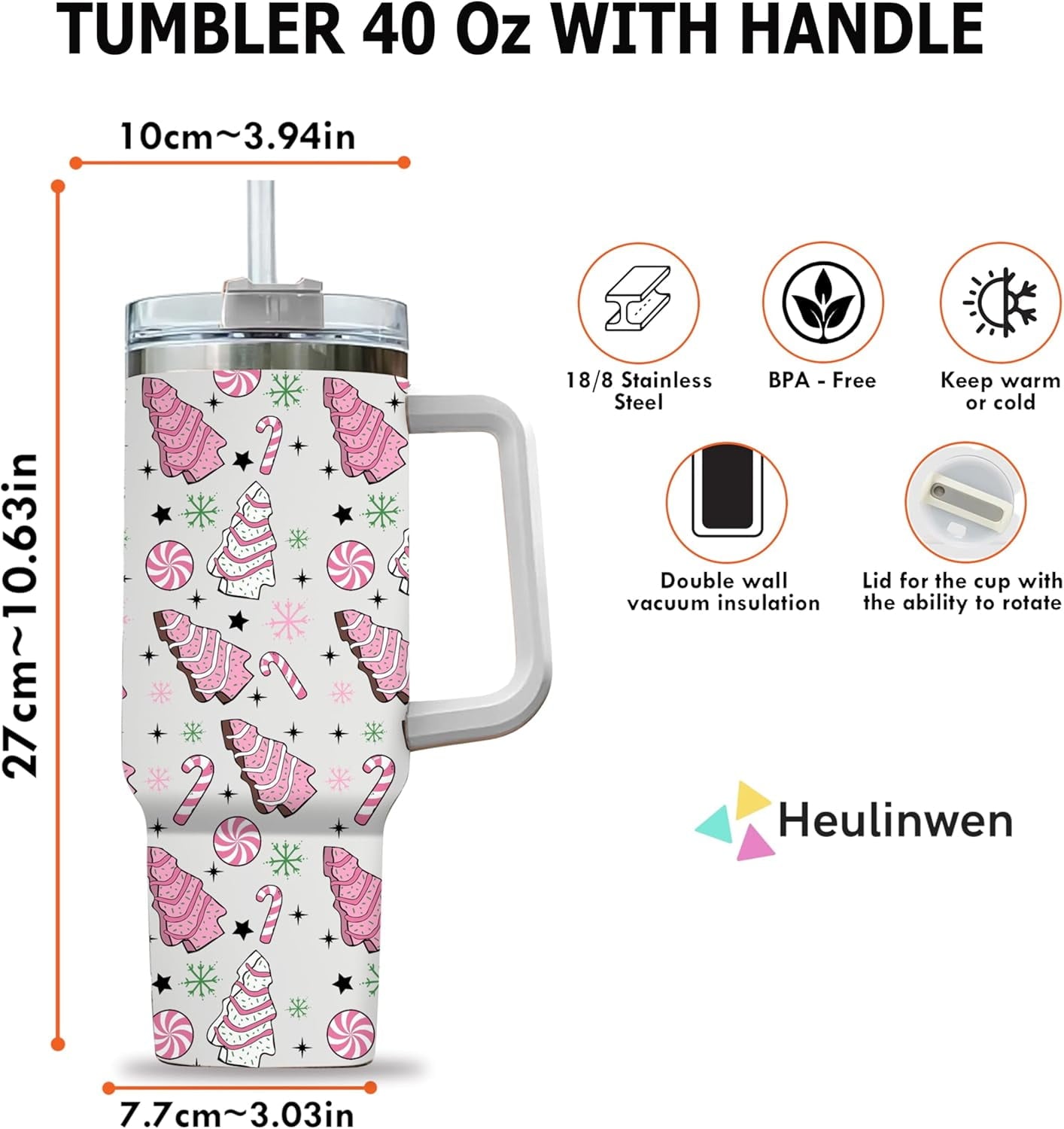 Pink Christmas Tree Cakes Stainless Steel Tumbler 40Oz With Handle Insulated Tumbler Holiday Coffee Travel Mug for Tea, Latte, Hot Chocolate Seasonal Xmas Gifts for Women Men Coworker or Friends