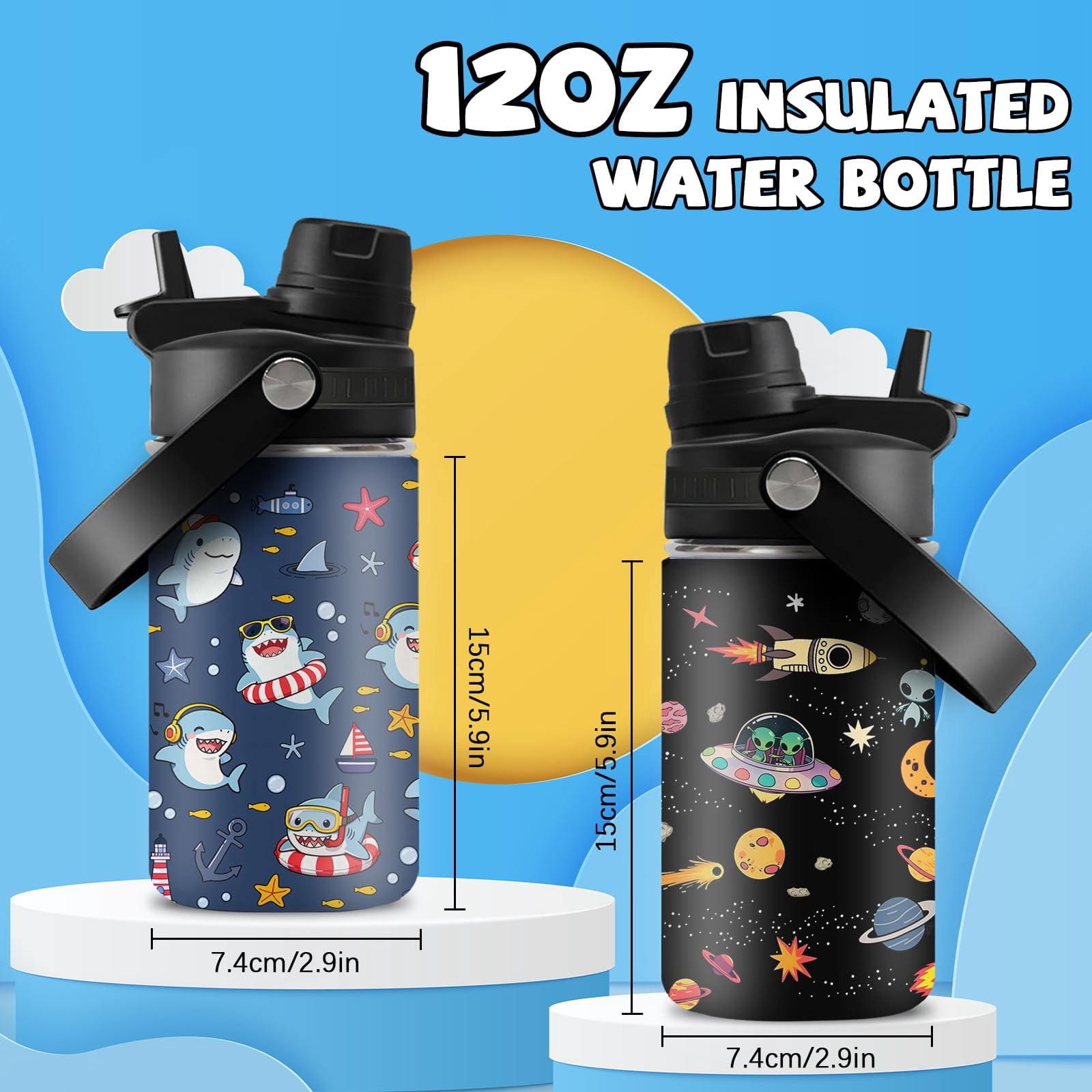 JOPJOLIW 12OZ Shark Water Bottle for Boys, Birthday Gift for Planet Lovers, Insulated Tumbler with Straw & Handle for Son, Stainless Steel Reusable Leak-proof Cup for Sports, G-Black 2-Pack