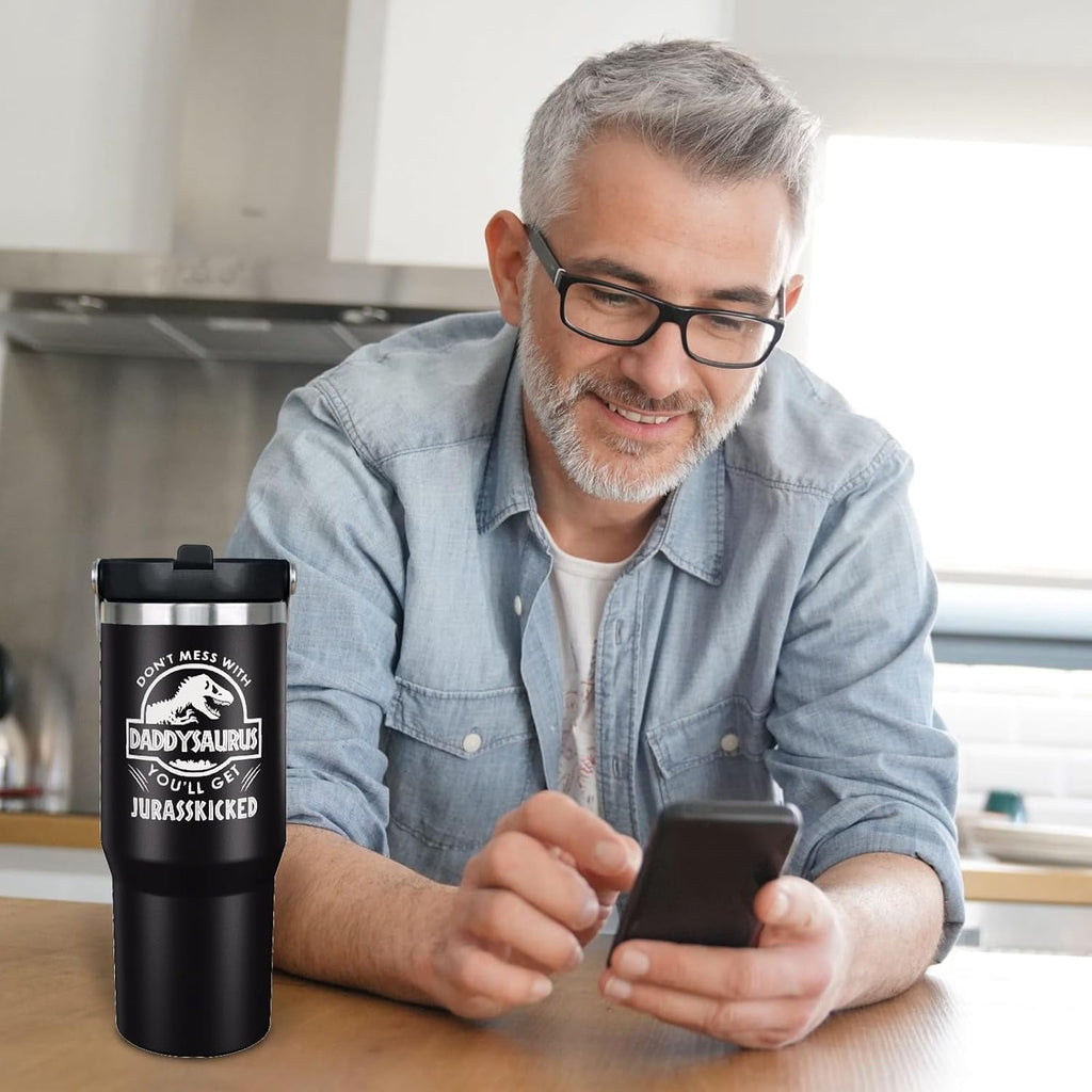 Father''s Day Gifts for Dad 30oz Tumbler with Handle and Straw Vacuum Insulated Water Bottle Stainless Steel, Leak Proof Travel Mug Proud Papa Cup for Men Birthday Christmas Gift from Daughter Son