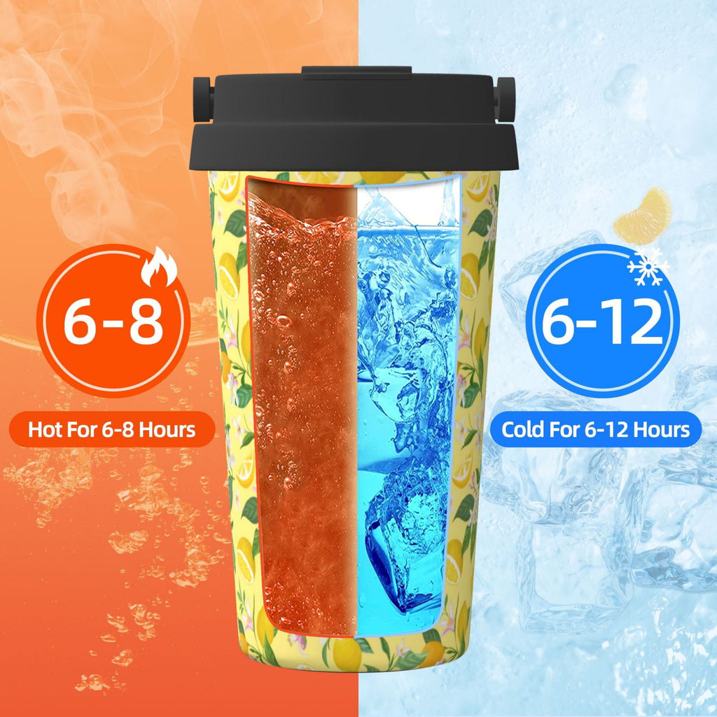 Rateoe Lemon (2) Pattern Travel Coffee Mug Tumbler with Flip Lid | Reusable Insulated Stainless Steel Cold Brew Iced Coffee Cup Thermos