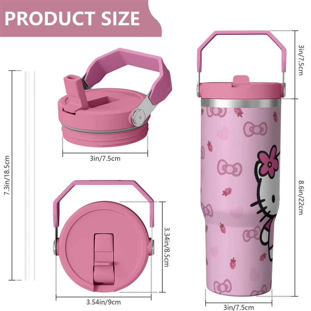 30oz Hello Kawaii Cat Cute Stainless Steel Tumbler with Lid and Straw,Spill Proof Travel Cup Double Wall Vacuum Insulated Coffee Mug with Top Handle Pink
