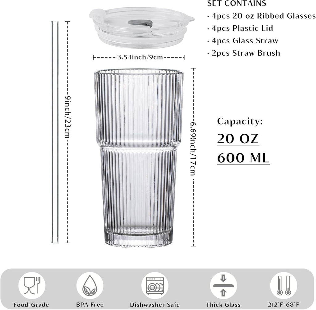 20 oz Ribbed Glass Tumblers with Lids and Glass Straws – 4-Piece Glassware Set, Thickened Glass, Ideal for Iced Coffee, Smoothies, Cocktails, and Juices – Elegant and Durable Drinkware