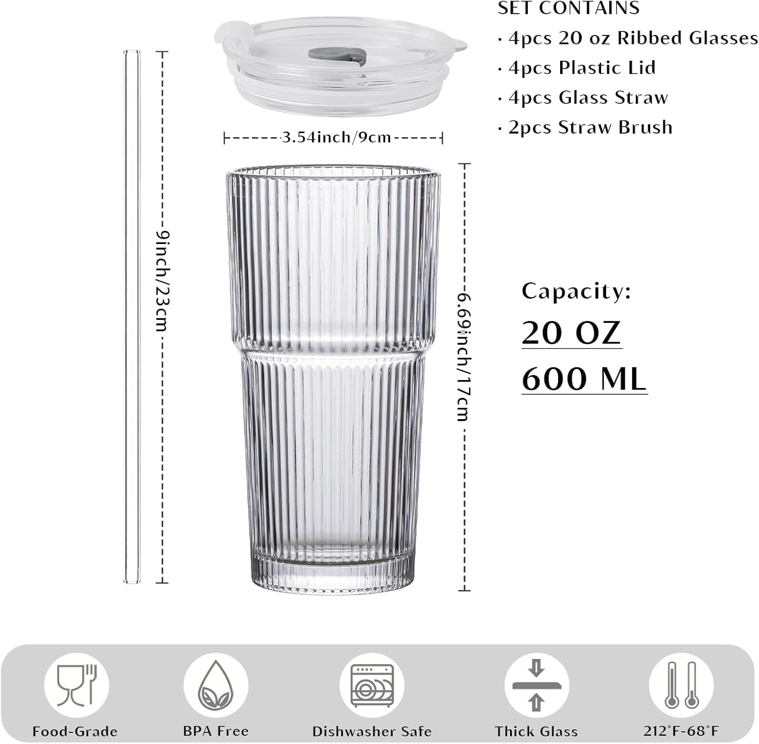 20 oz Ribbed Glass Tumblers with Lids and Glass Straws – 4-Piece Glassware Set, Thickened Glass, Ideal for Iced Coffee, Smoothies, Cocktails, and Juices – Elegant and Durable Drinkware