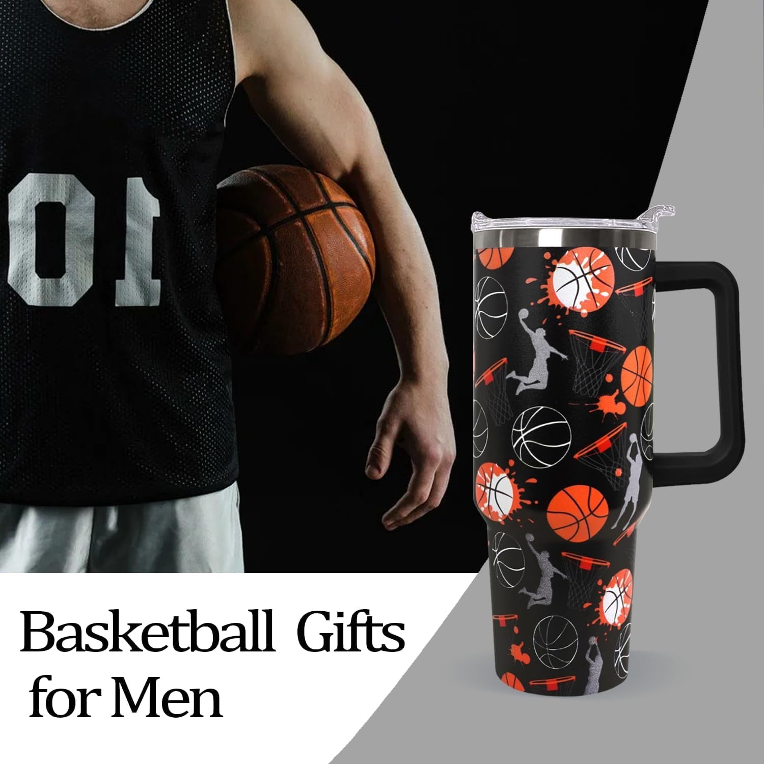 40 oz Basketball Coffee Mug Cup Vacuum Insulated Travel Tumbler with Handle Lid and Straw,Basketball Coach Gifts,Accessories Stuff