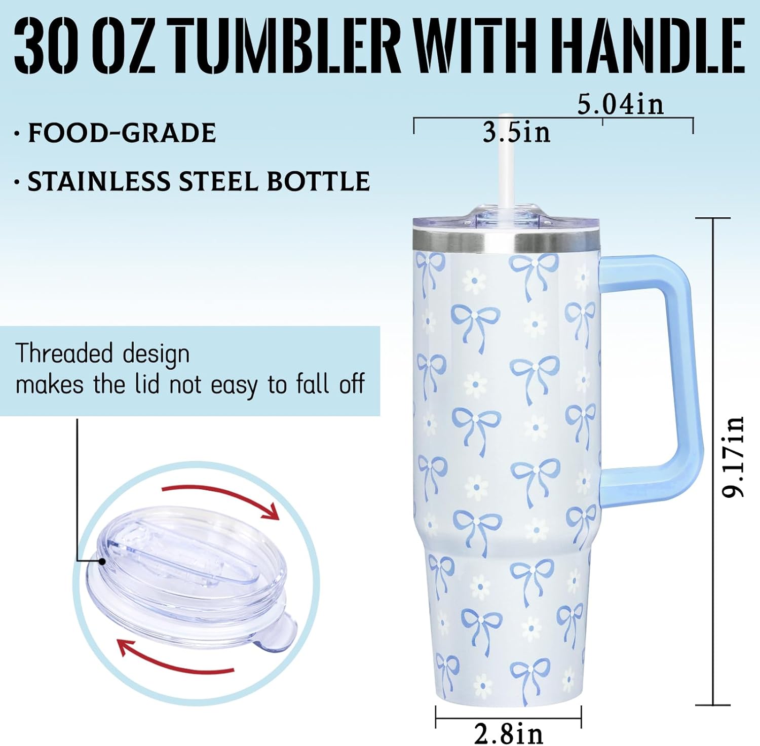 30 Oz Blue Bow Tumbler with Handle and Straw, Insulated Stainless Steel Coffee Travel Cup Mug Water Bottle, Blue Bow Themed Gifts for Women Teen Girl