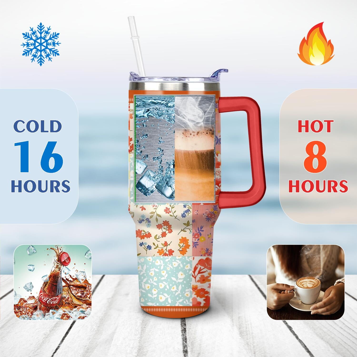 40oz Pioneer Colorful Floral Stainless Steel Flip Straw Tumbler with Lid and Straw Spill Proof Travel Cup Double Wall Vacuum Insulated Coffee Mug with Handle Red