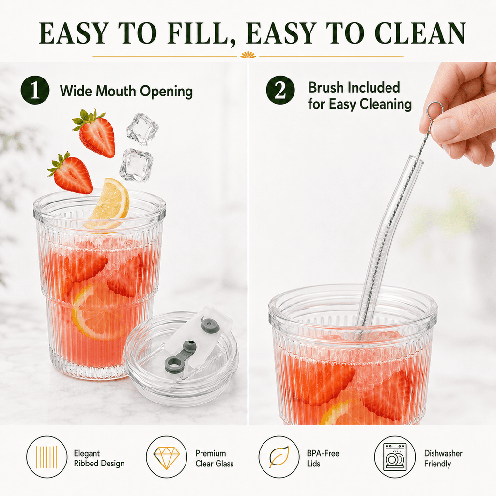 14 oz Ribbed Glass Tumblers with Lids and Glass Straws – 4-Piece Glassware Set, Thickened Wall, Ideal for Iced Coffee, Smoothies, Cocktails, and Juices – Elegant and Durable Drinkware
