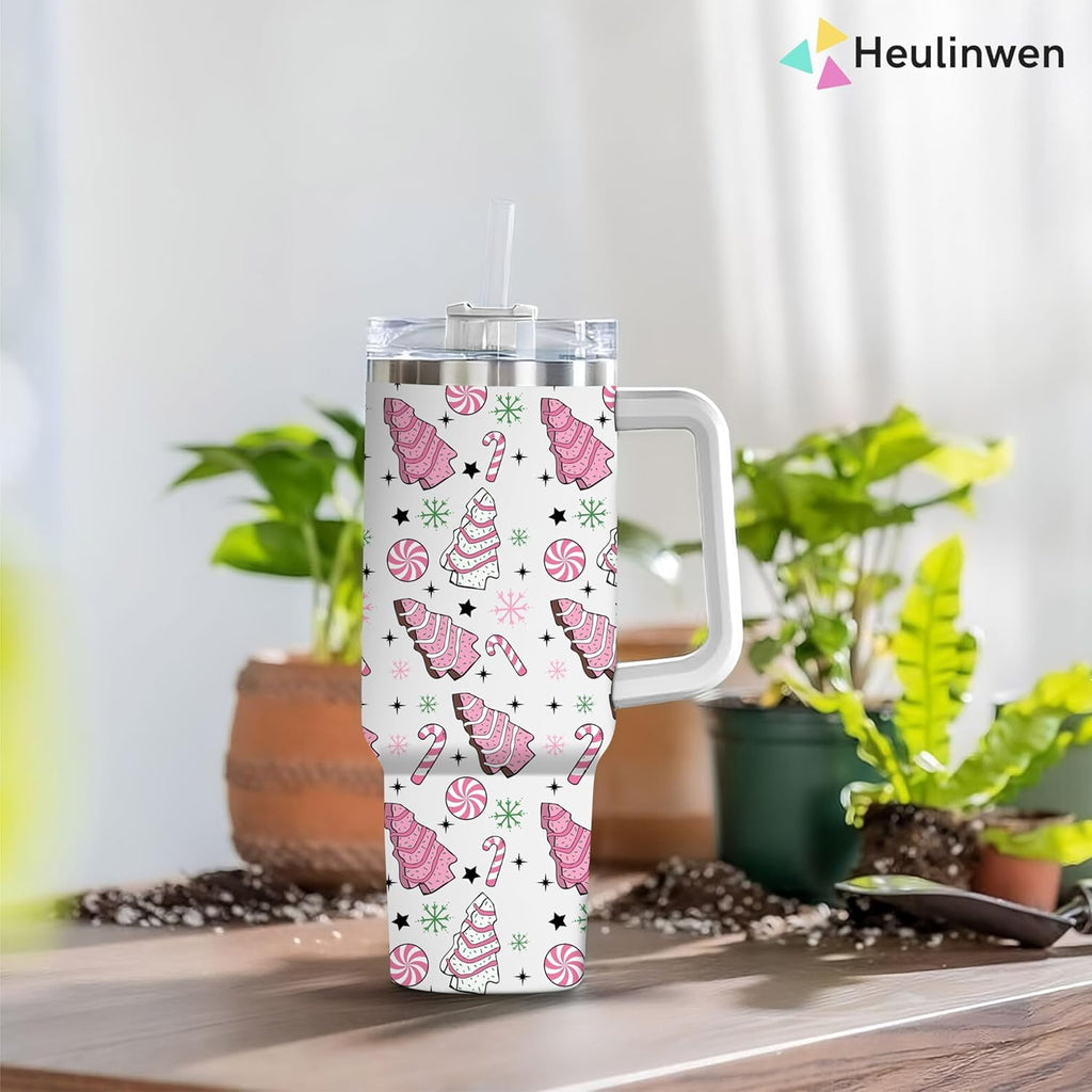 Pink Christmas Tree Cakes Stainless Steel Tumbler 40Oz With Handle Insulated Tumbler Holiday Coffee Travel Mug for Tea, Latte, Hot Chocolate Seasonal Xmas Gifts for Women Men Coworker or Friends