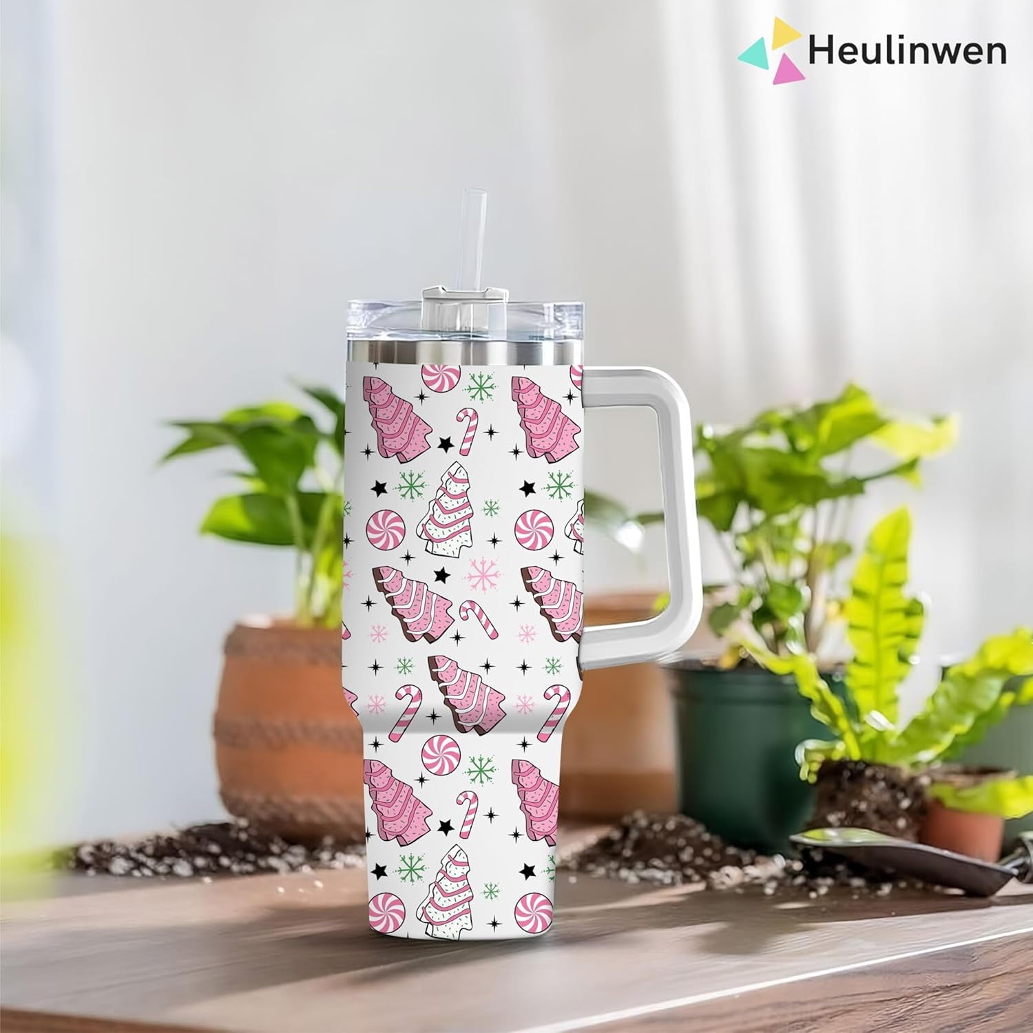 Pink Christmas Tree Cakes Stainless Steel Tumbler 40Oz With Handle Insulated Tumbler Holiday Coffee Travel Mug for Tea, Latte, Hot Chocolate Seasonal Xmas Gifts for Women Men Coworker or Friends